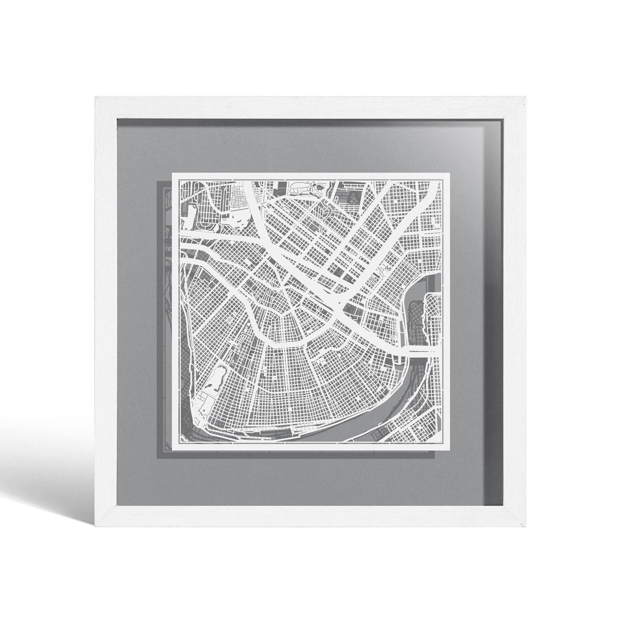 o3designstudio New Orleans Paper cut map framed 9 inch White map White frame map art 22MF2022WW