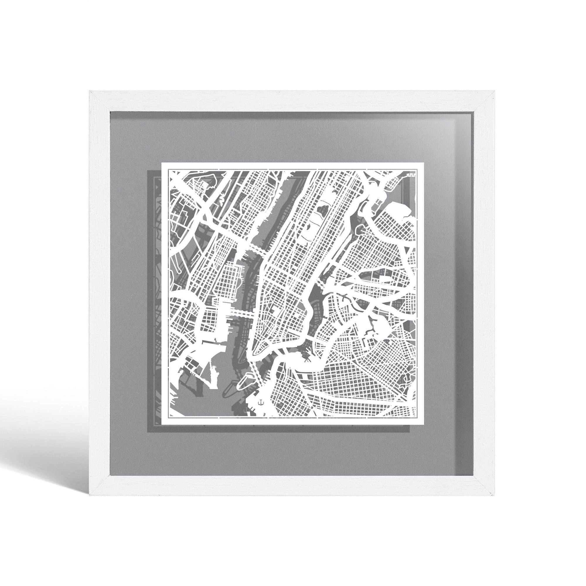 o3designstudio New York Paper cut map framed 9 inch White map White frame map art 22MF2001WW