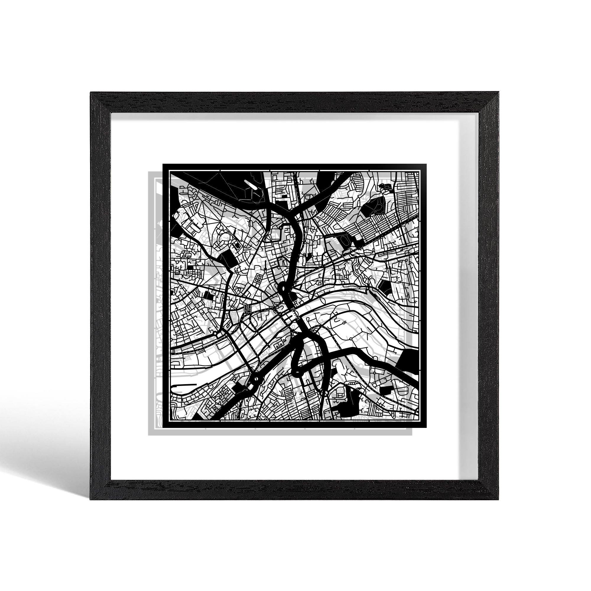 o3designstudio Newcastle upon Tyne Paper cut map framed 9 inch Black map Black frame map art 22MF3060BB