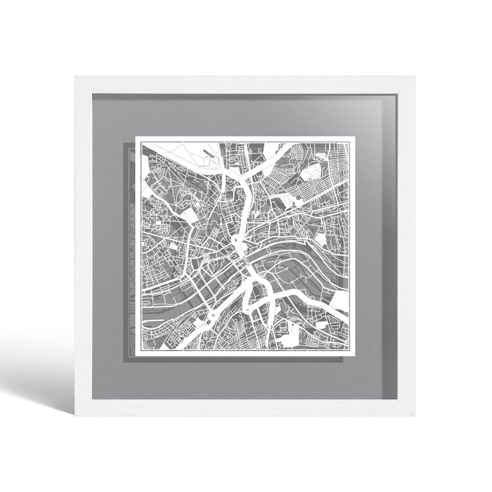 o3designstudio Newcastle upon Tyne Paper cut map framed 9 inch White map White frame map art 22MF3060WW