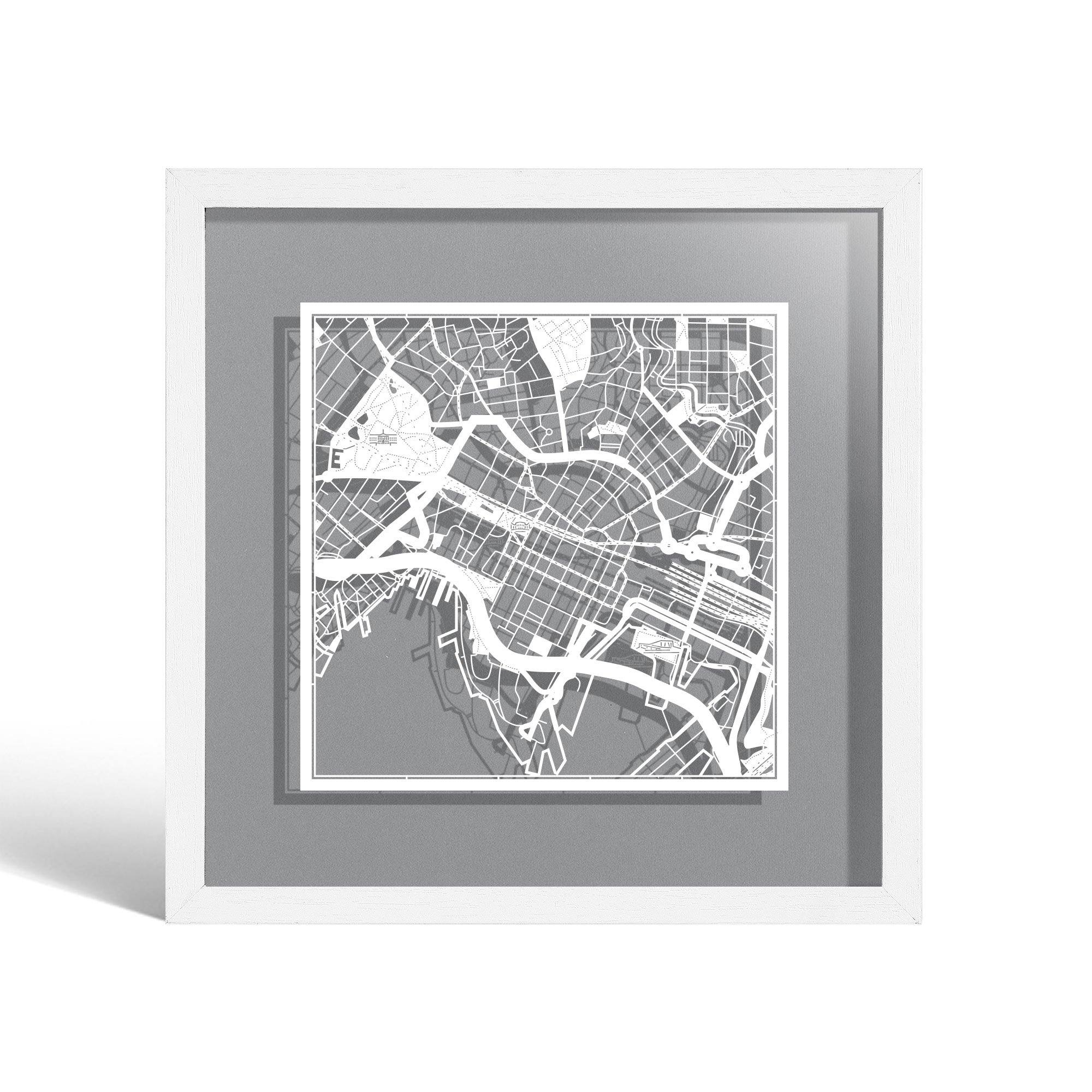 o3designstudio Oslo Paper cut map framed 9 inch White map White frame map art 22MF3022WW