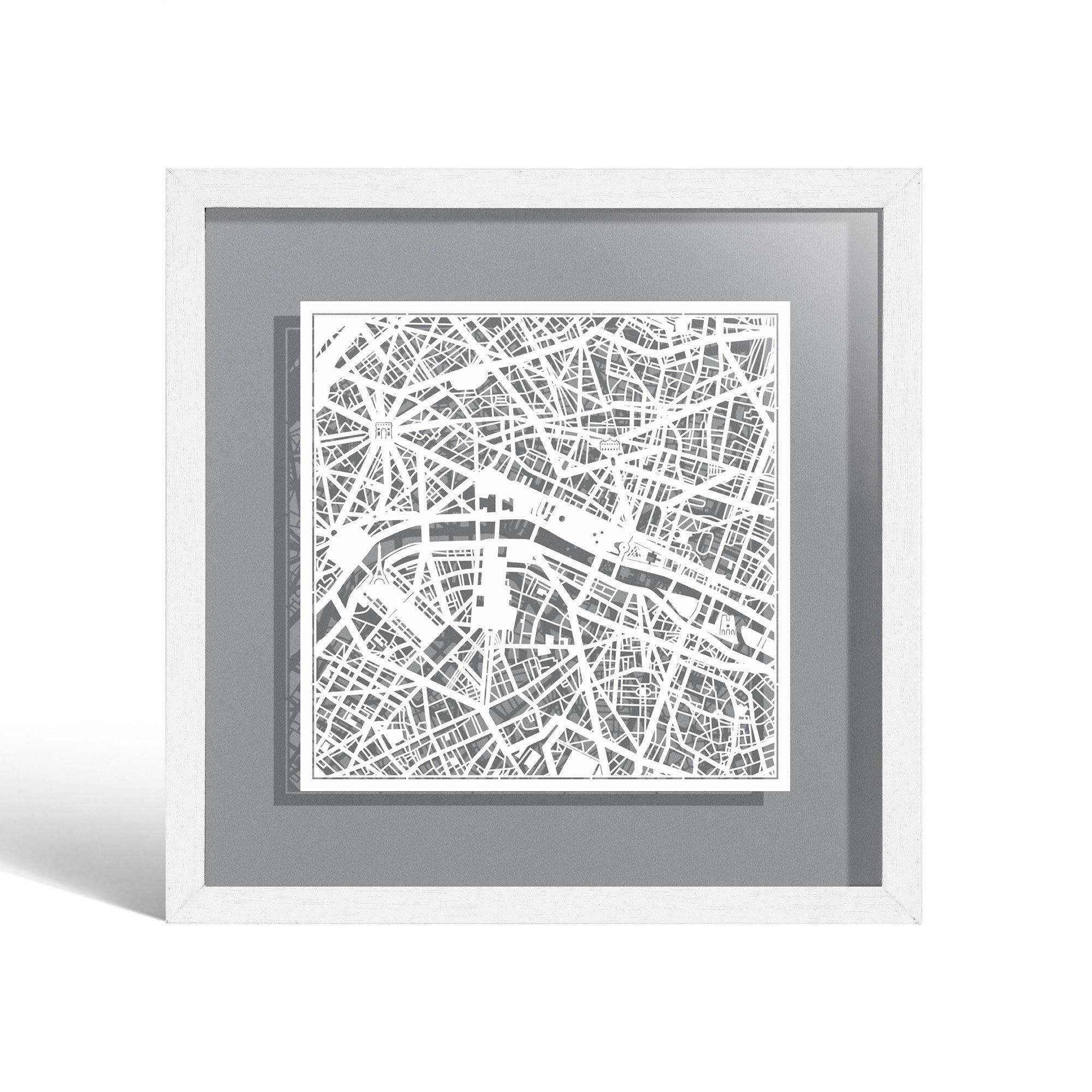 o3designstudio Paris Paper cut map framed 9 inch White map White frame map art 22MF3002WW