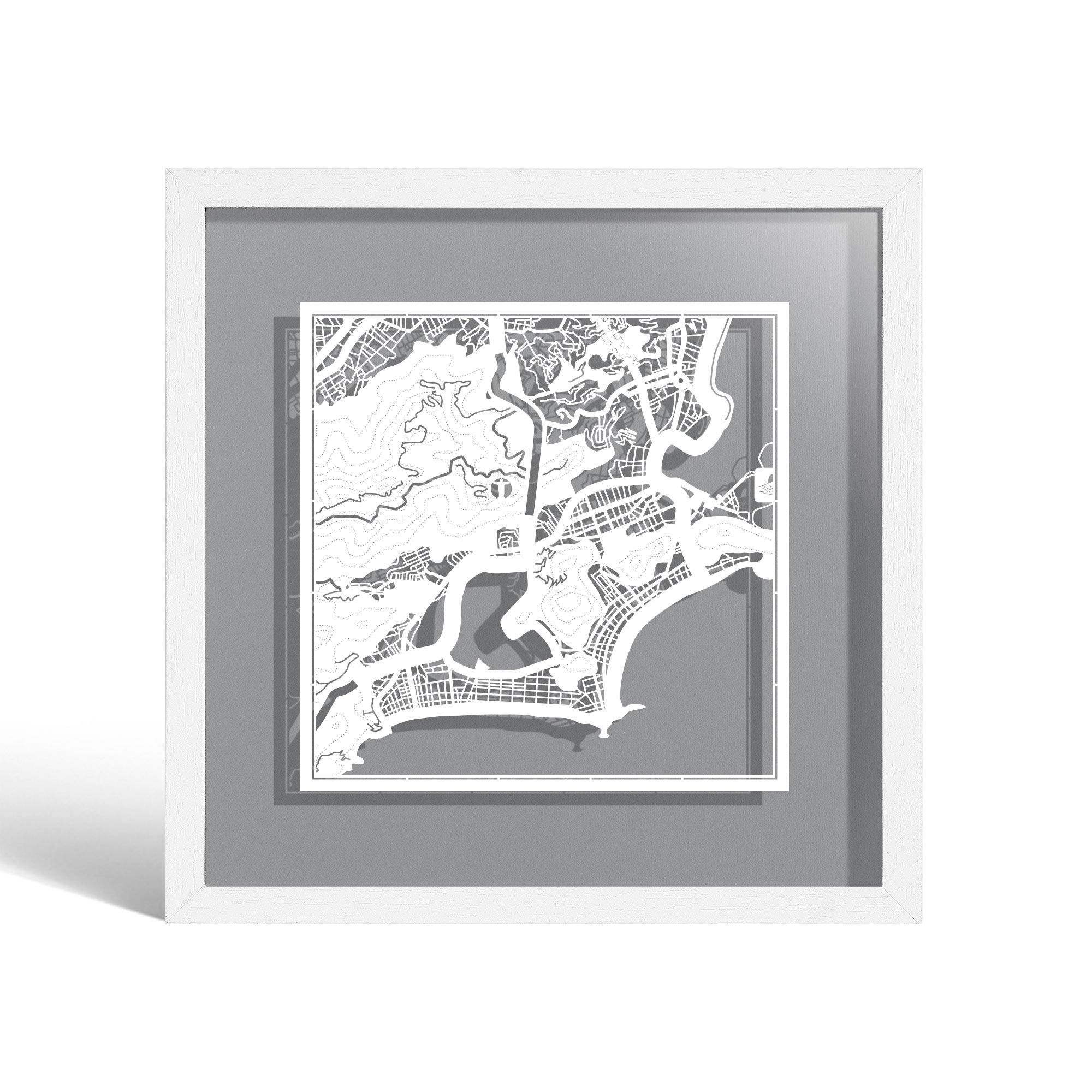 o3designstudio Rio de Janeiro Paper cut map framed 9 inch White map White frame map art 22MF2301WW