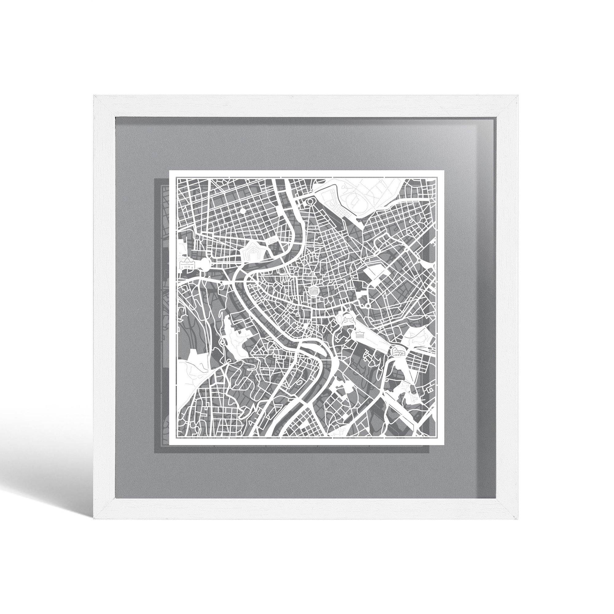o3designstudio Rome Paper cut map framed 9 inch White map White frame map art 22MF3007WW