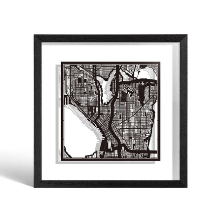 o3designstudio Seattle Paper cut map framed 9 in White map White frame map art side face 22MF2007WW