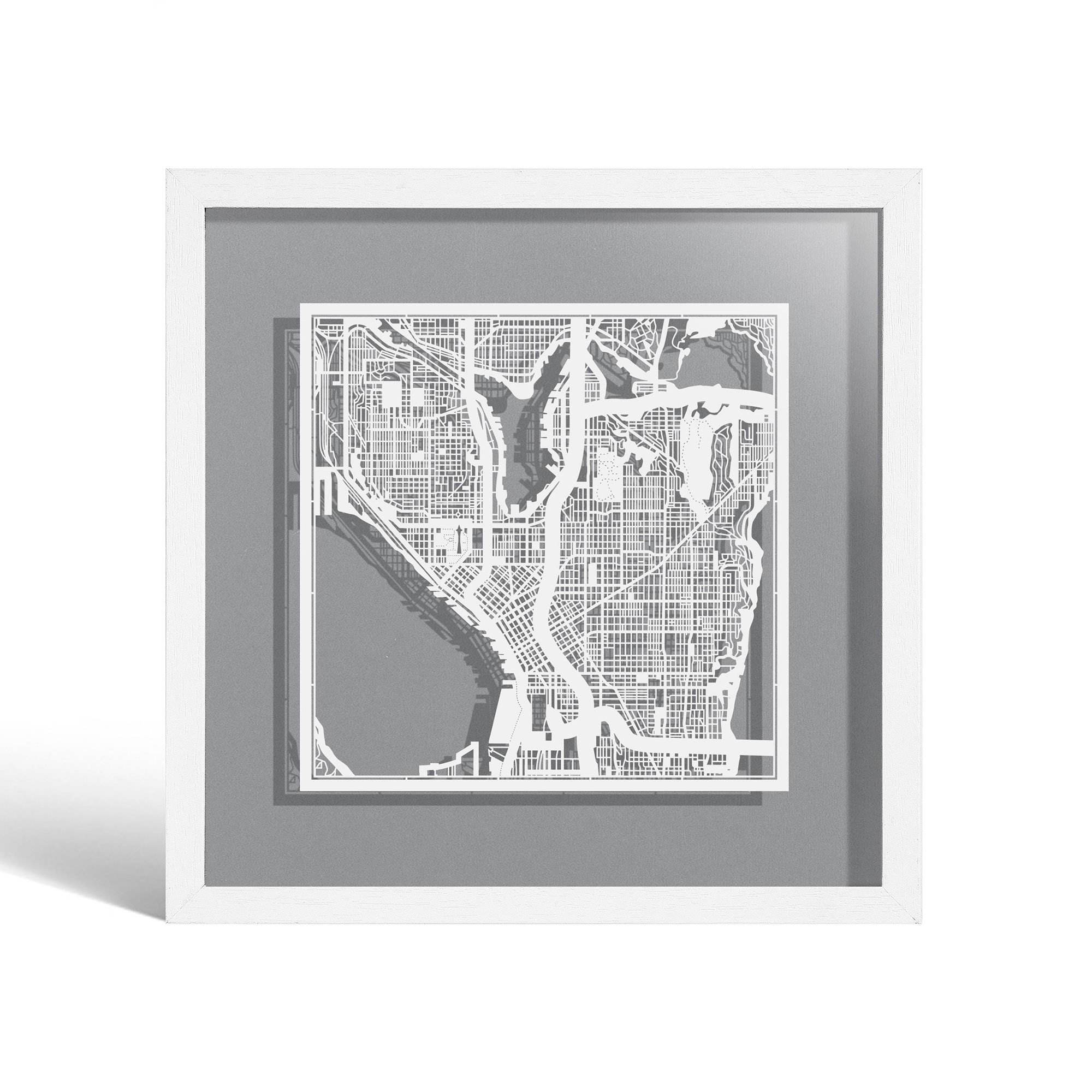 o3designstudio Seattle Paper cut map framed 9 inch White map White frame map art 22MF2007WW
