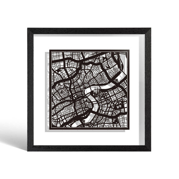 o3designstudio Shanghai Paper cut map framed 9 inch Black map Black frame map art 22MF1002BB