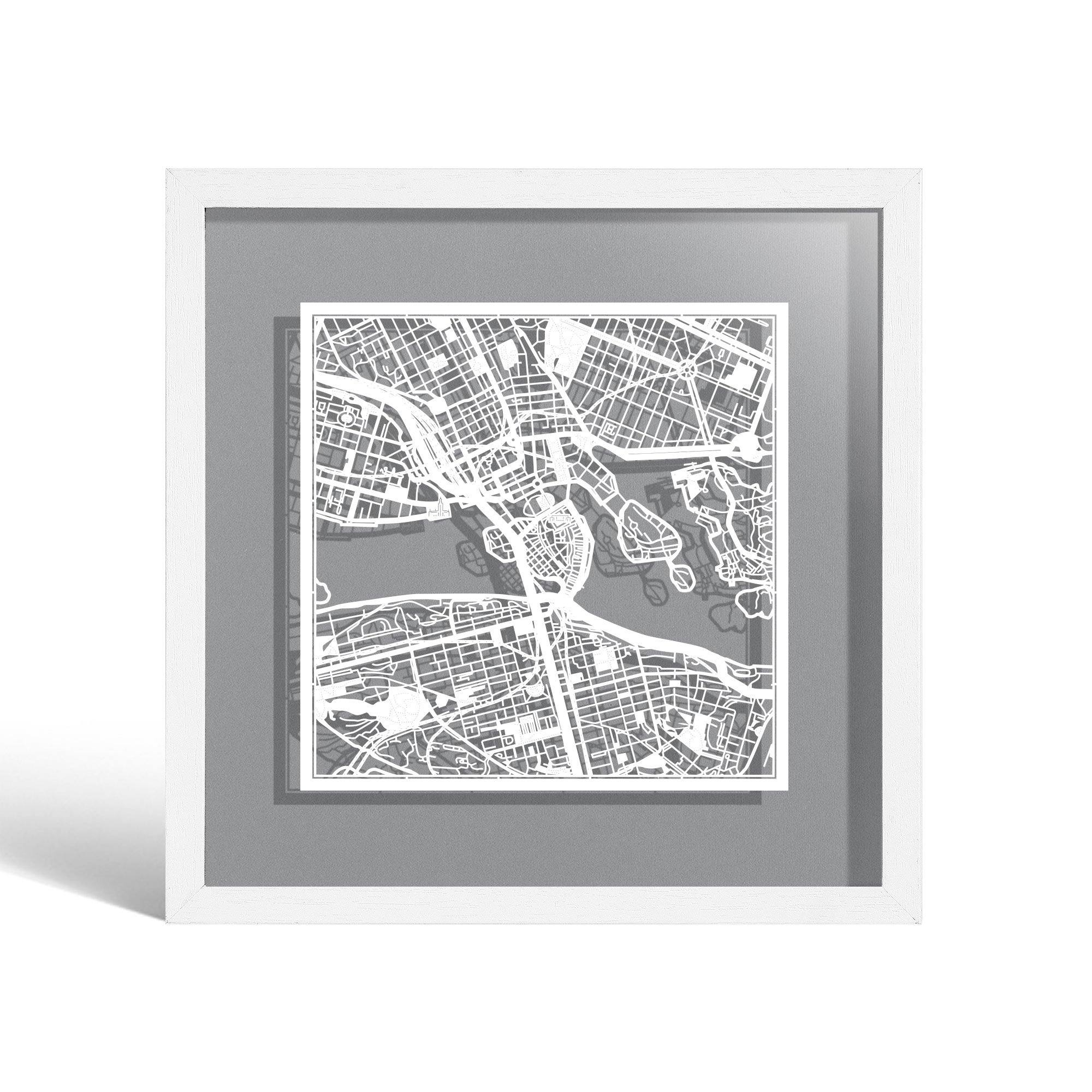 o3designstudio Stockholm Paper cut map framed 9 inch White map White frame map art 22MF3018WW