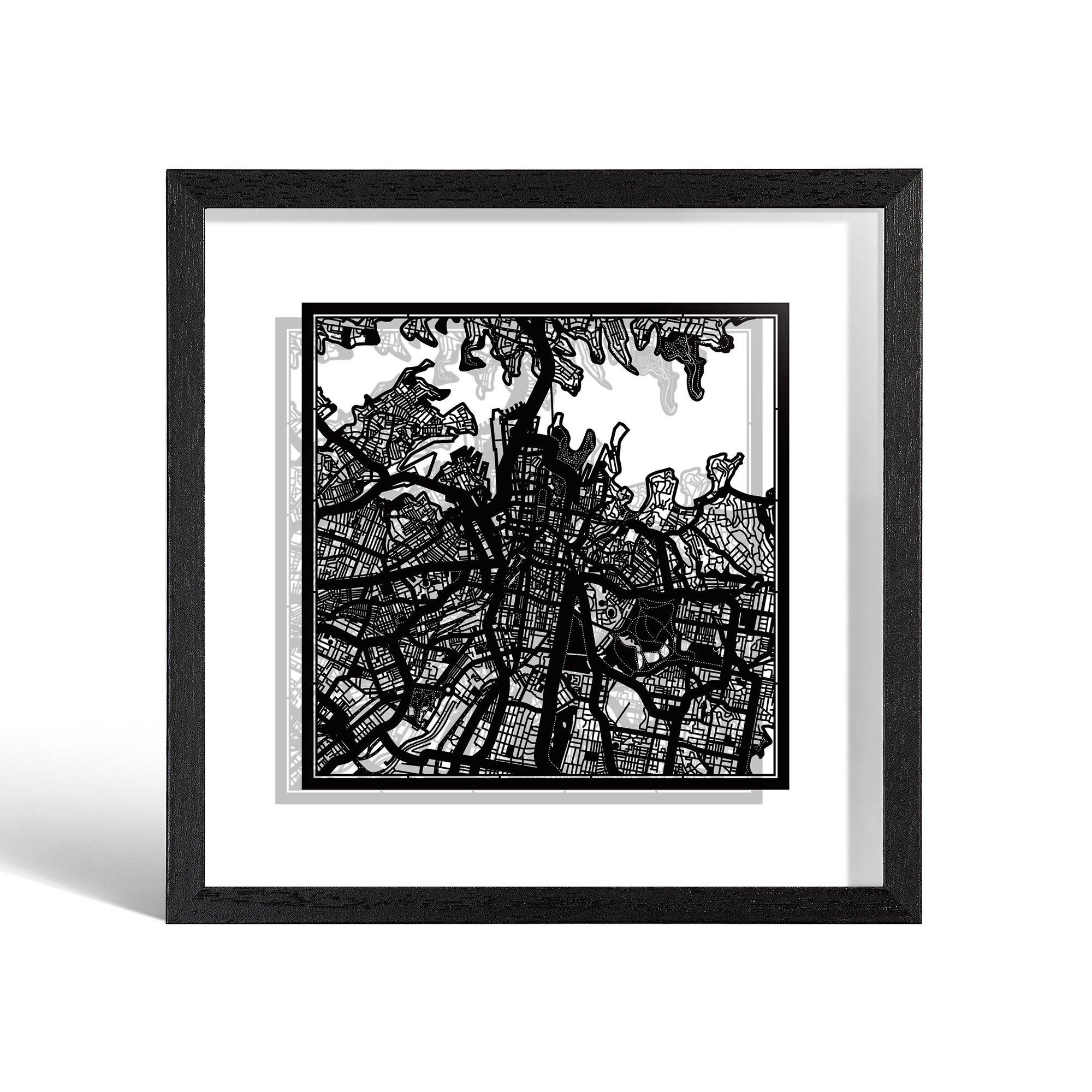 o3designstudio Sydney Paper cut map framed 9 inch Black map Black frame map art 22MF1004BB