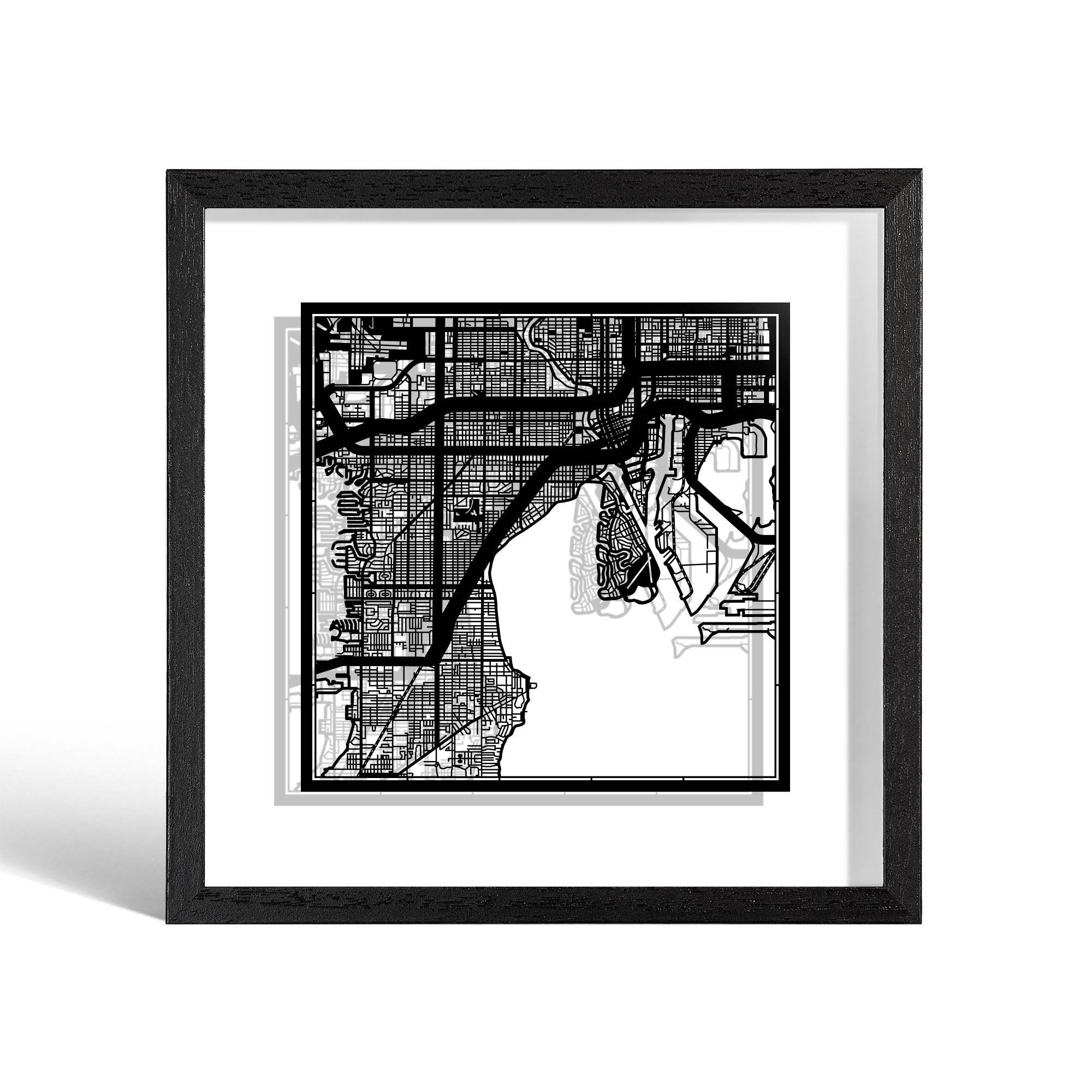 o3designstudio Tampa Paper cut map framed 9 inch Black map Black frame map art 22MF2037BB