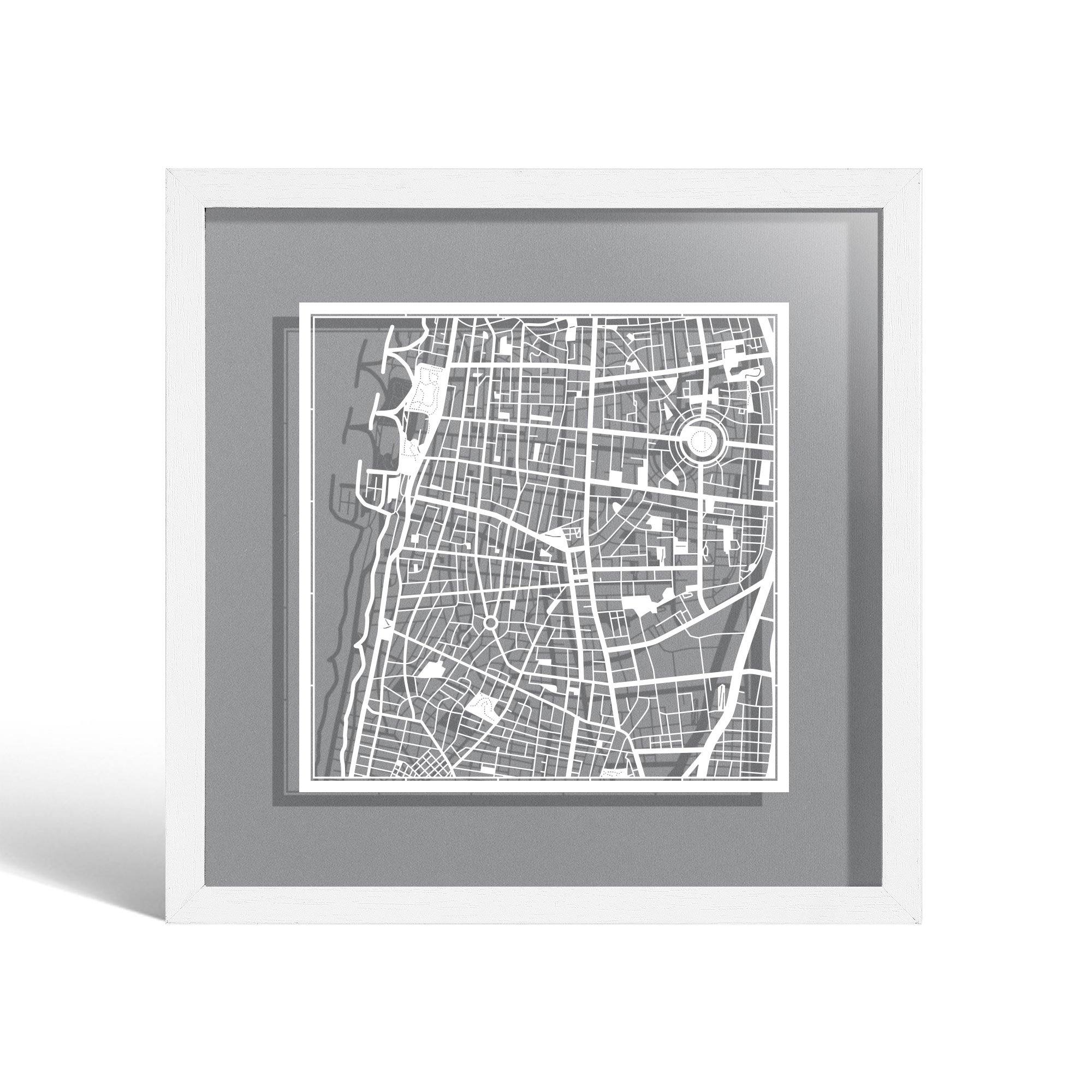 o3designstudio Tel Aviv Paper cut map framed 9 inch White map White frame map art 22MF1040WW