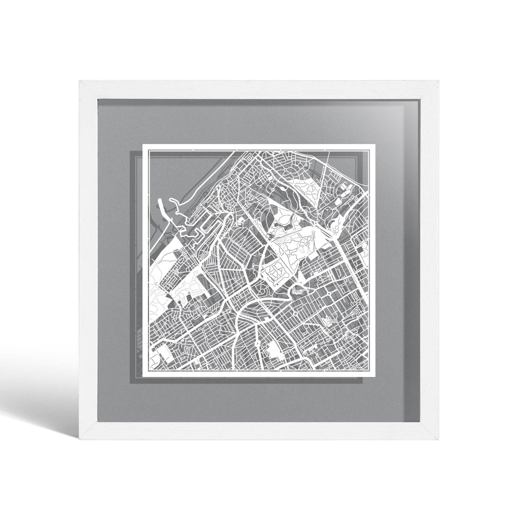 o3designstudio The Hague Paper cut map framed 9 inch White map White frame map art 22MF3039WW