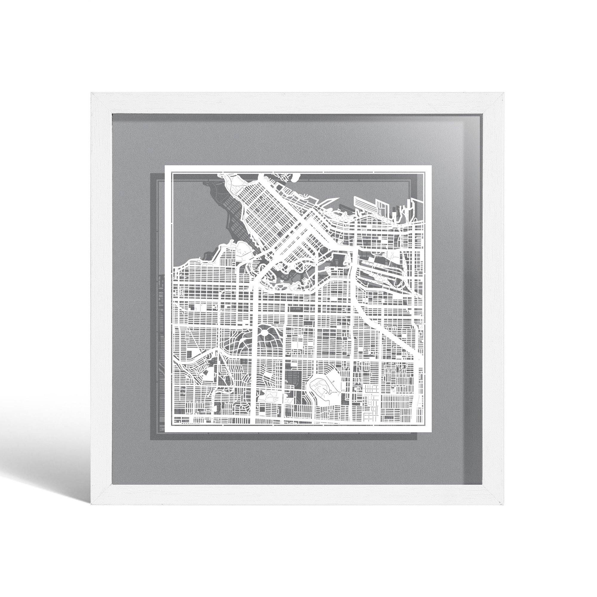 o3designstudio Vancouver Paper cut map framed 9 inch White map White frame map art 22MF2204WW