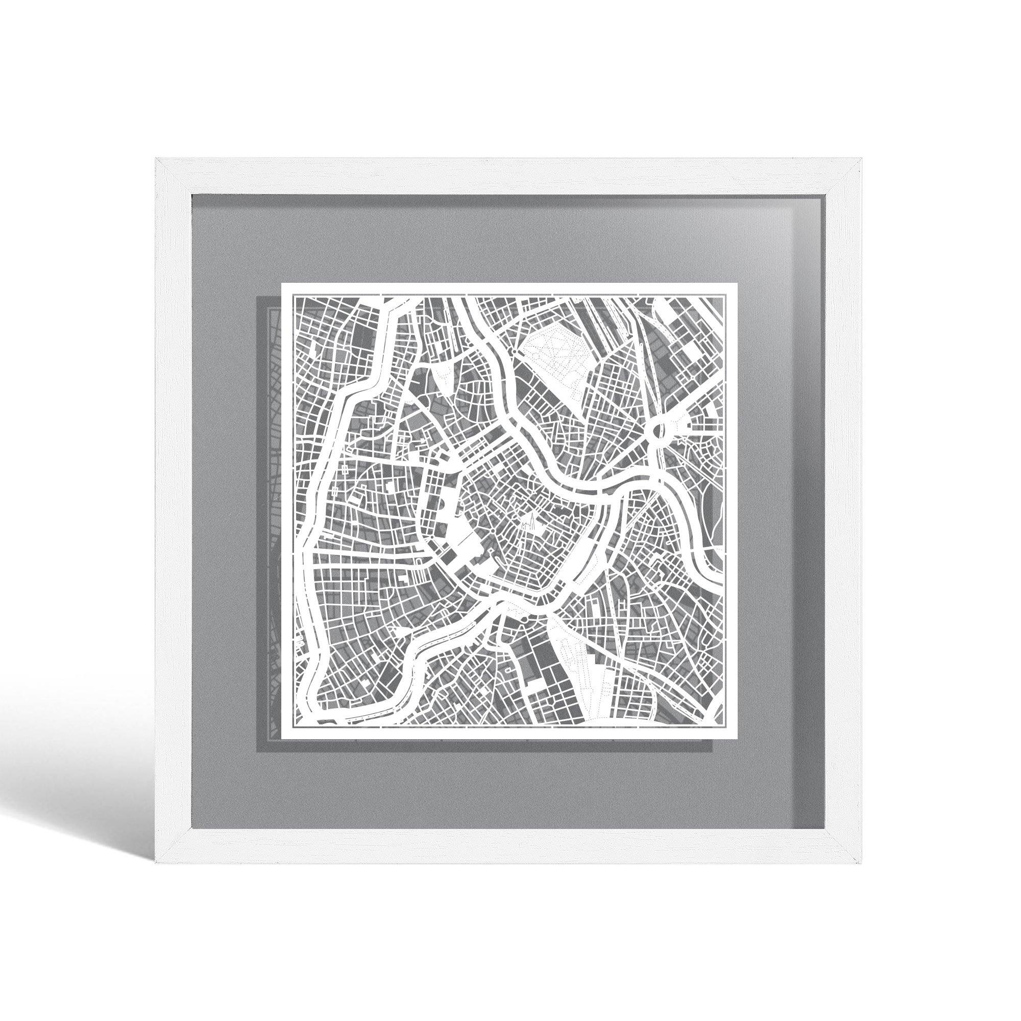 o3designstudio Vienna Paper cut map framed 9 inch White map White frame map art 22MF3006WW