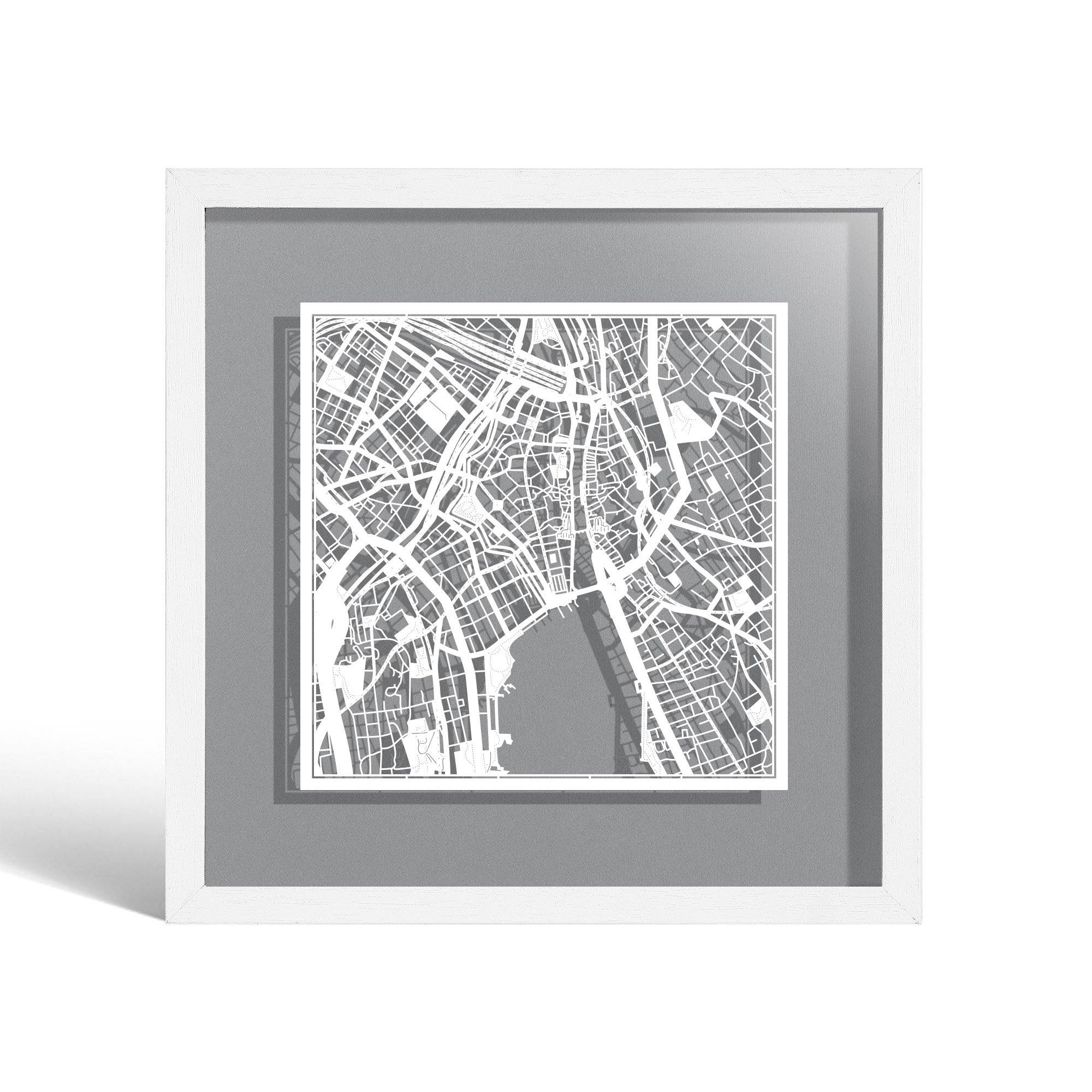 o3designstudio Zurich Paper cut map framed 9 inch White map White frame map art 22MF3020WW