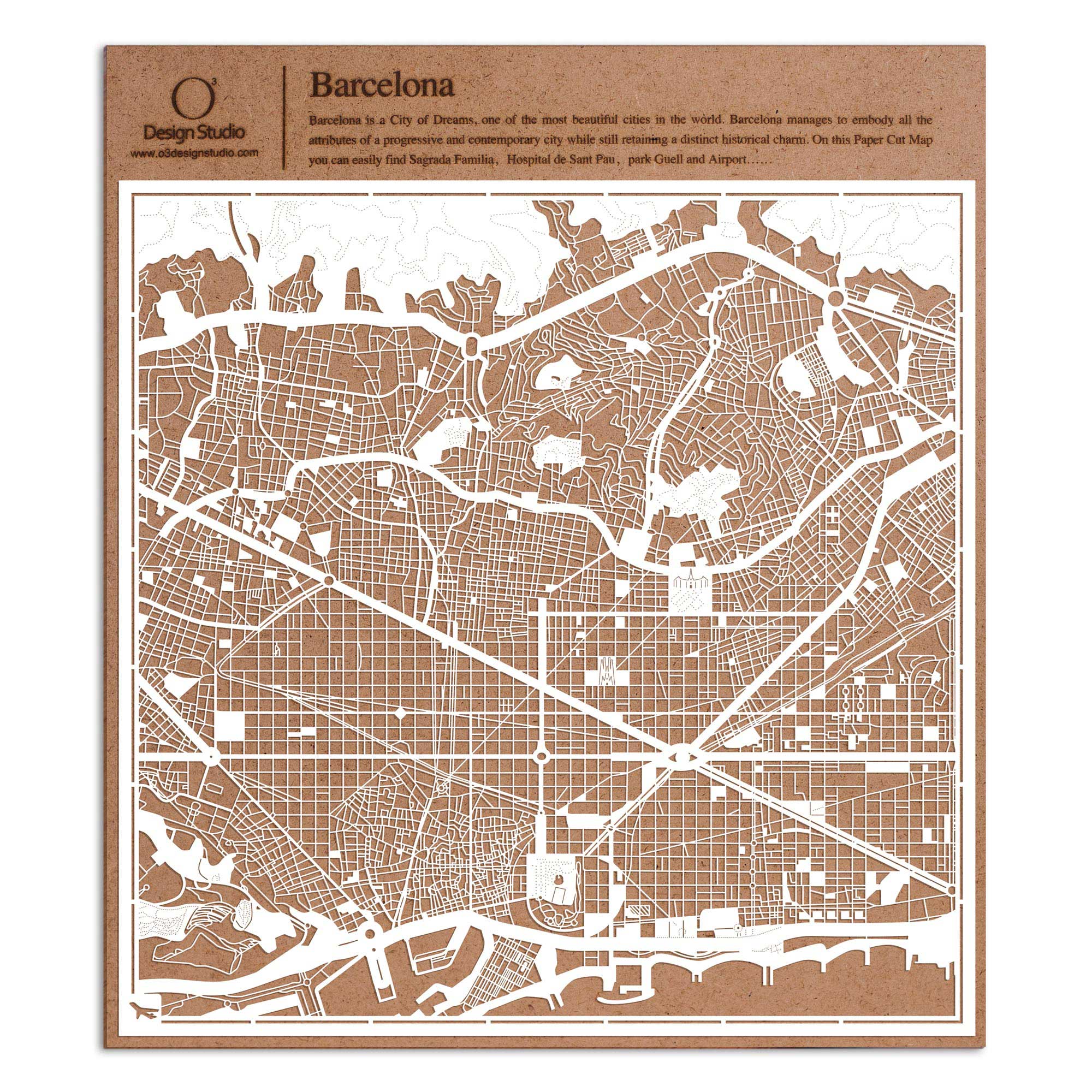 o3designstudio paper cut map Barcelona White map art MU3005W