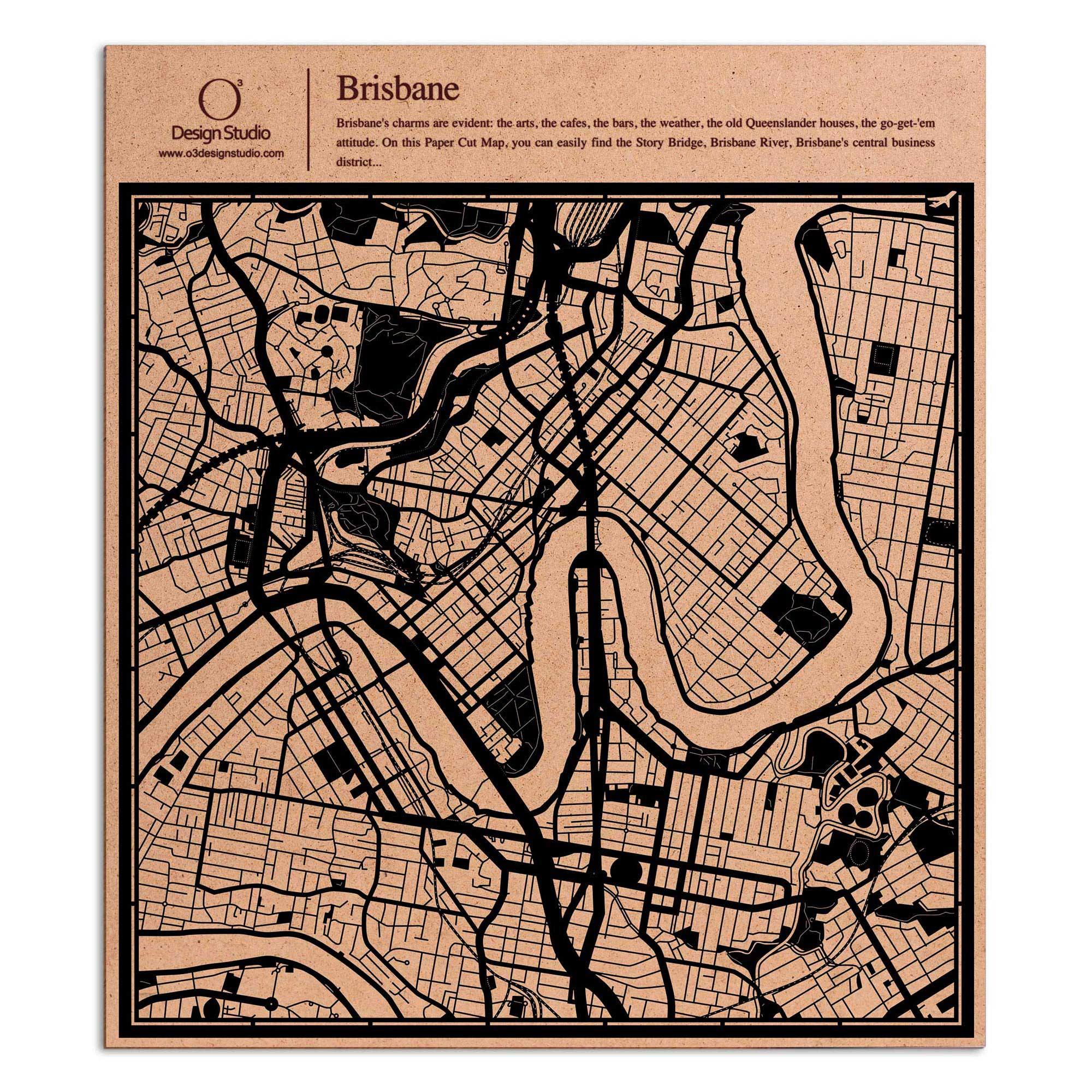 o3designstudio paper cut map Brisbane Black map art MU1014B
