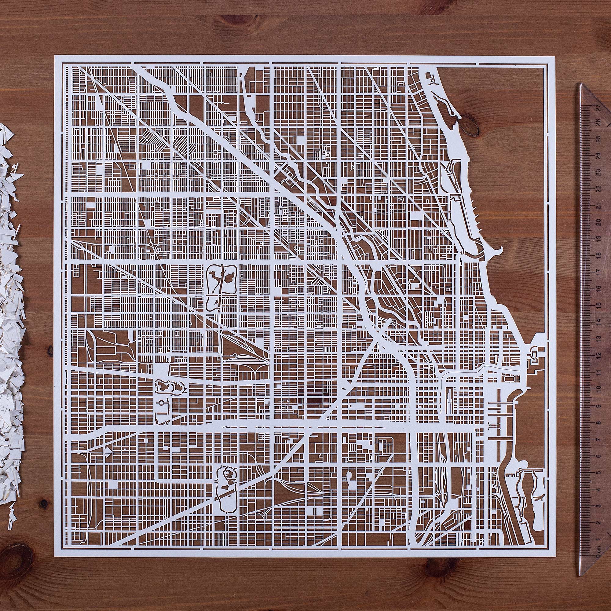 o3designstudio paper cut map Chicago White map art