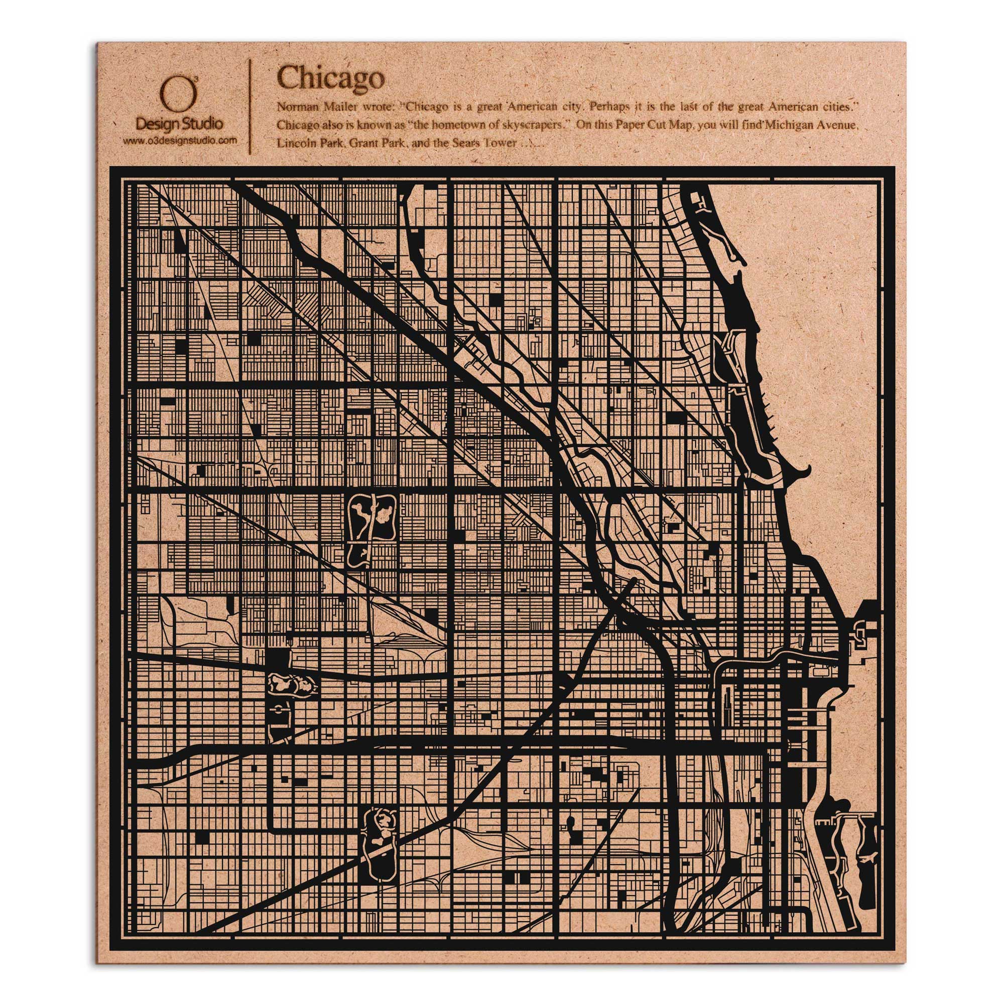 o3designstudio paper cut map Chicago Black map art MU2003B