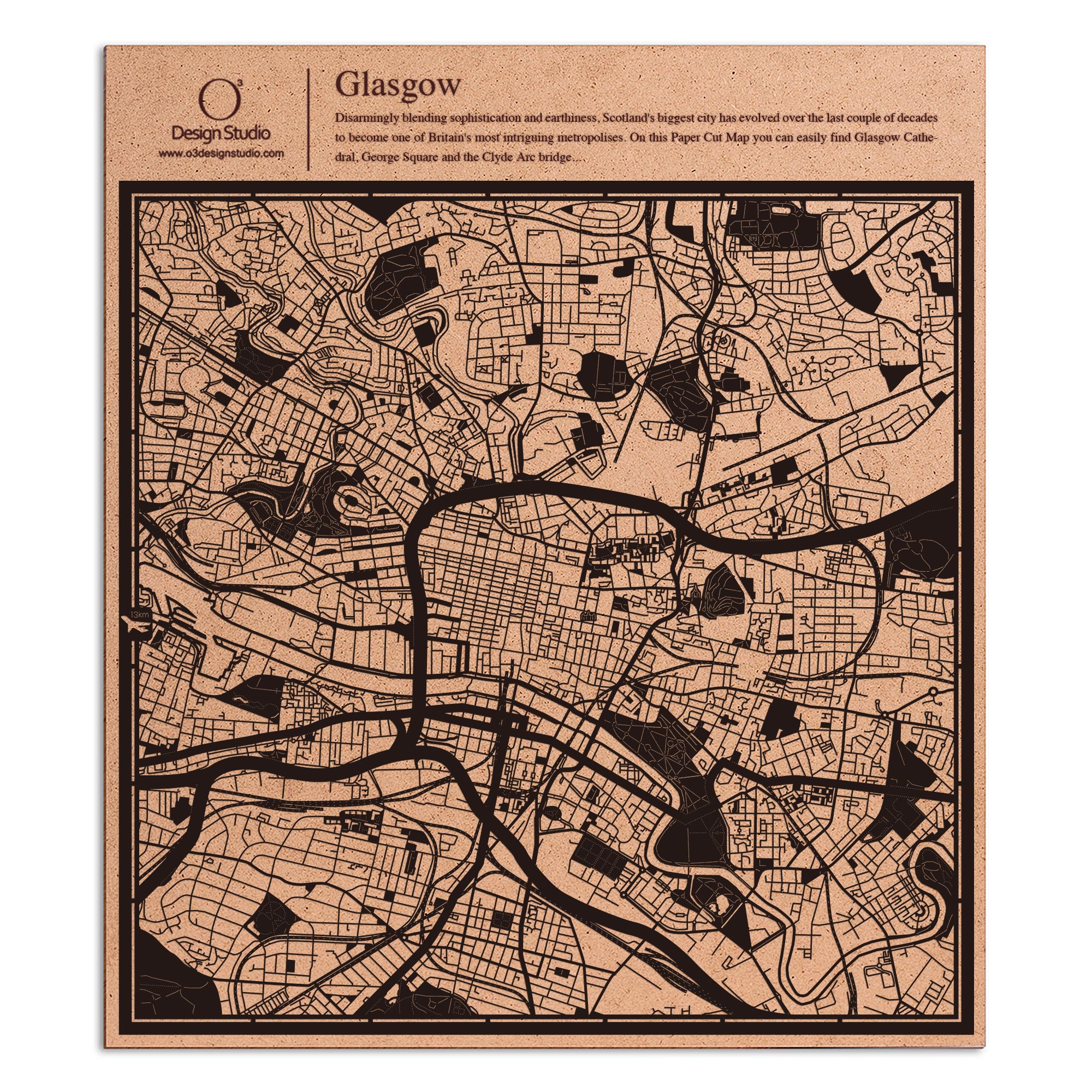o3designstudio paper cut map Glasgow Black map art MU3057B