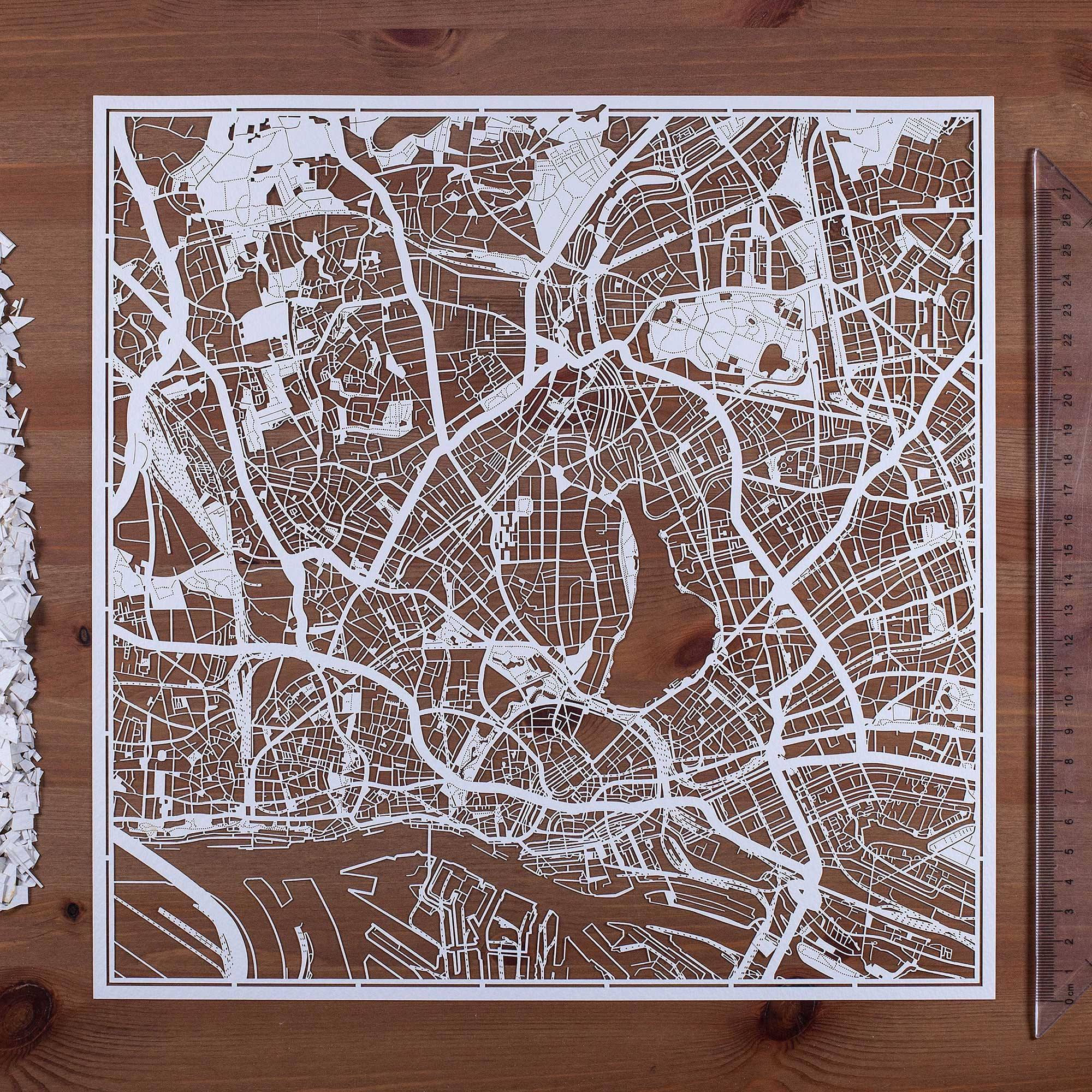 o3designstudio paper cut map Hamburg White map art