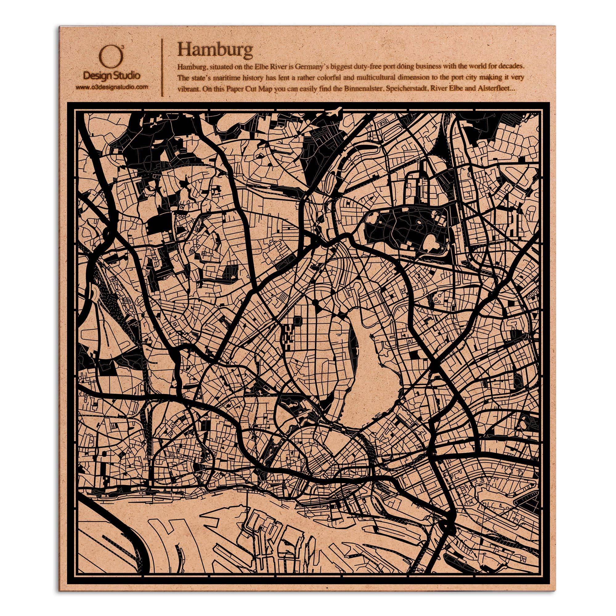 o3designstudio paper cut map Hamburg Black map art MU3014B