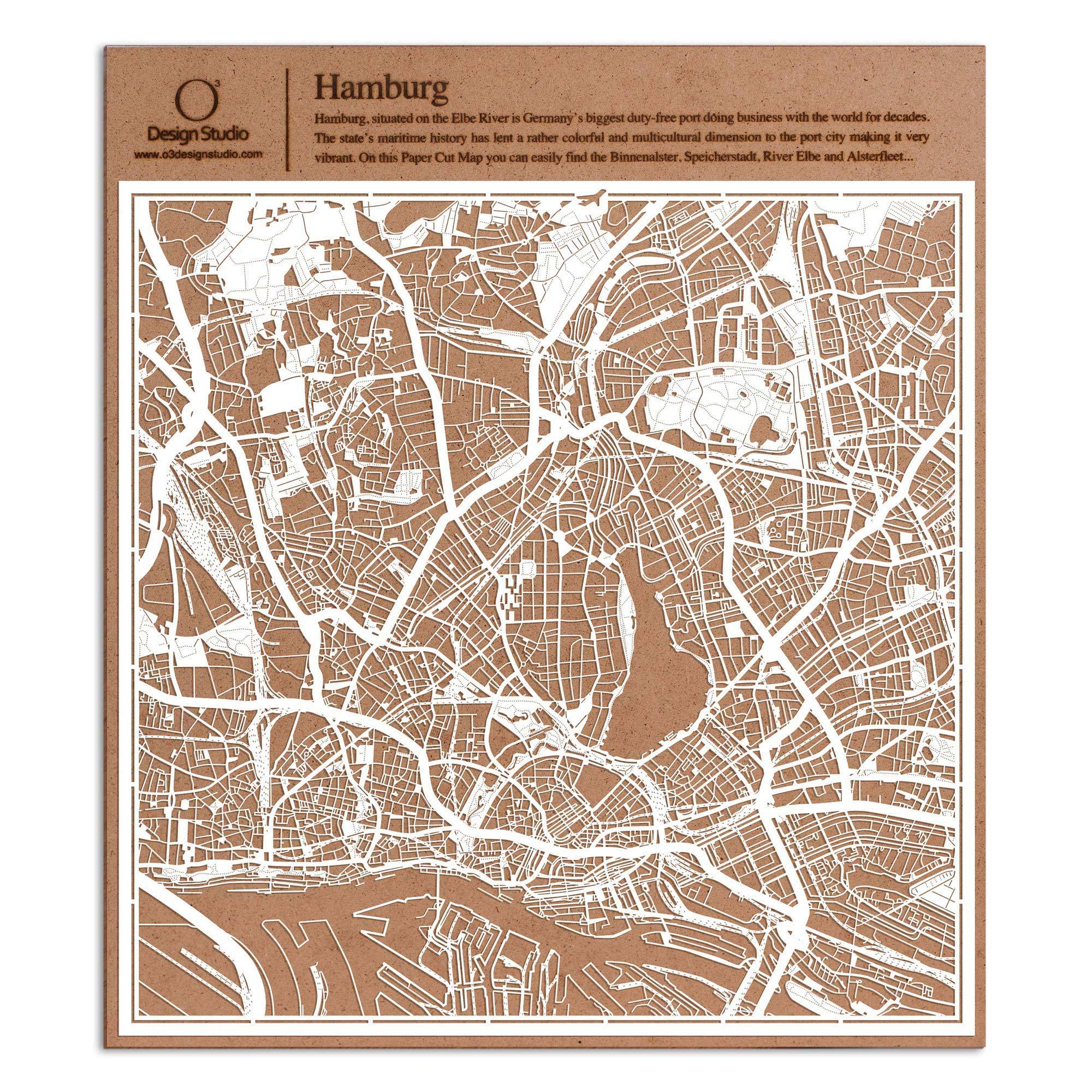 o3designstudio paper cut map Hamburg White map art MU3014W