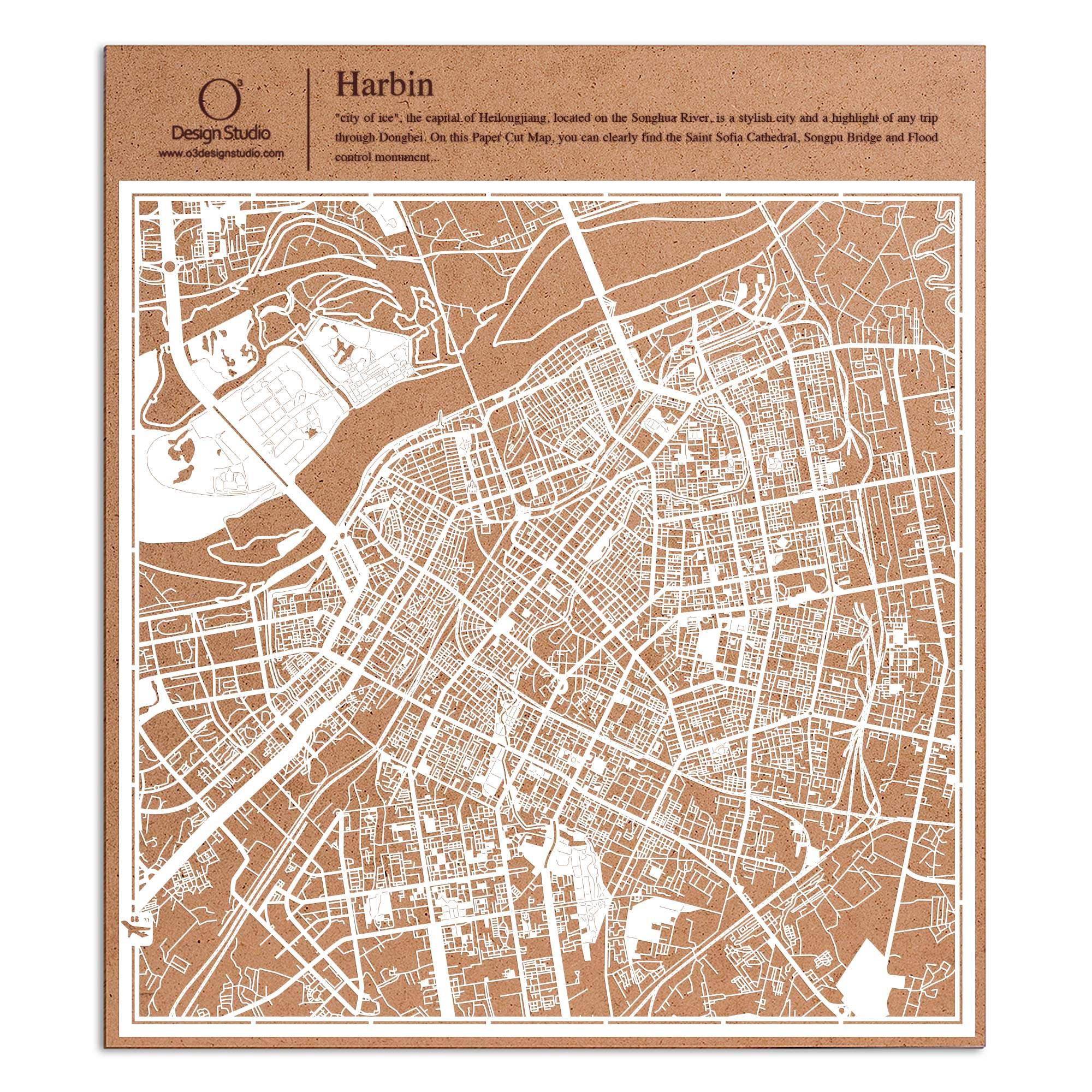 o3designstudio paper cut map Harbin White map art MU1047W