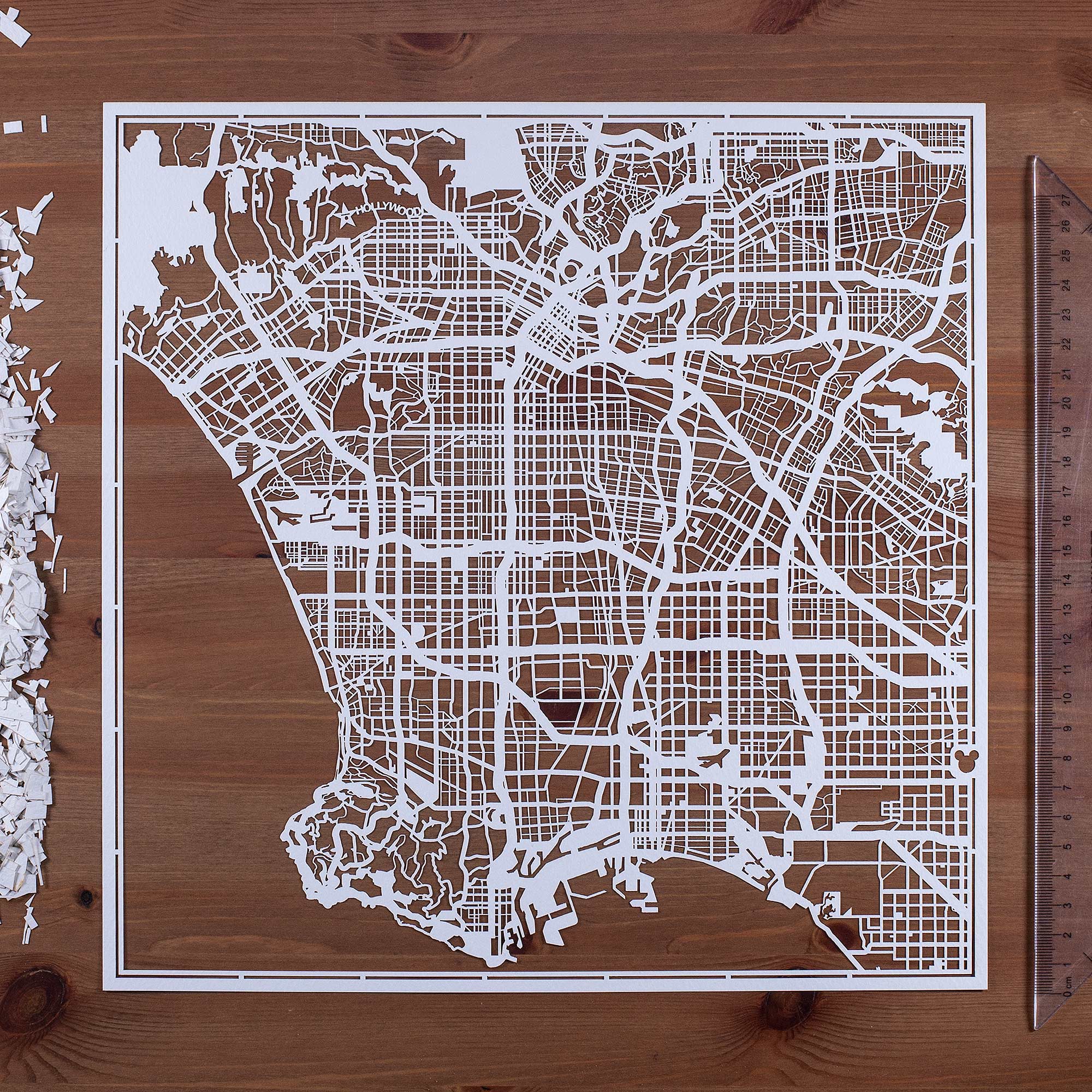 o3designstudio paper cut map Los Angeles White map art