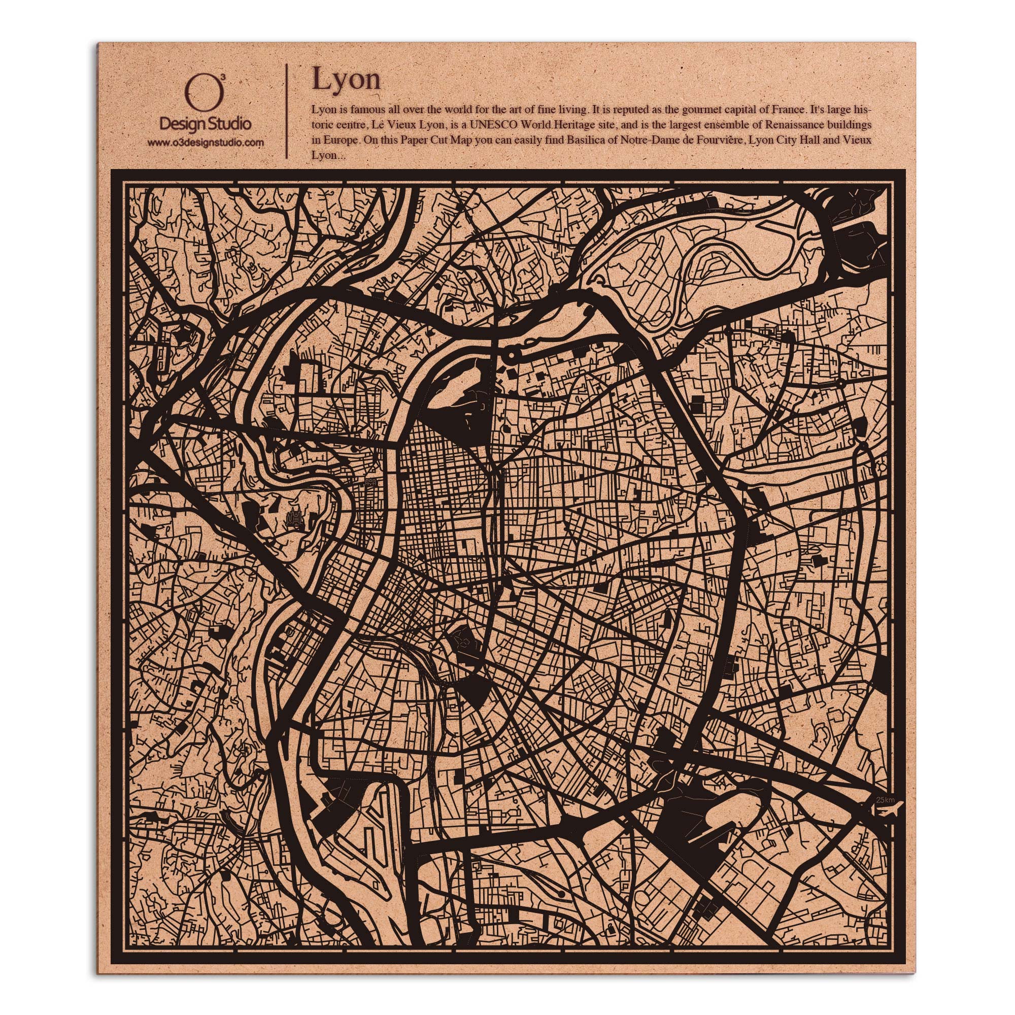 o3designstudio paper cut map Lyon Black map art MU3029B
