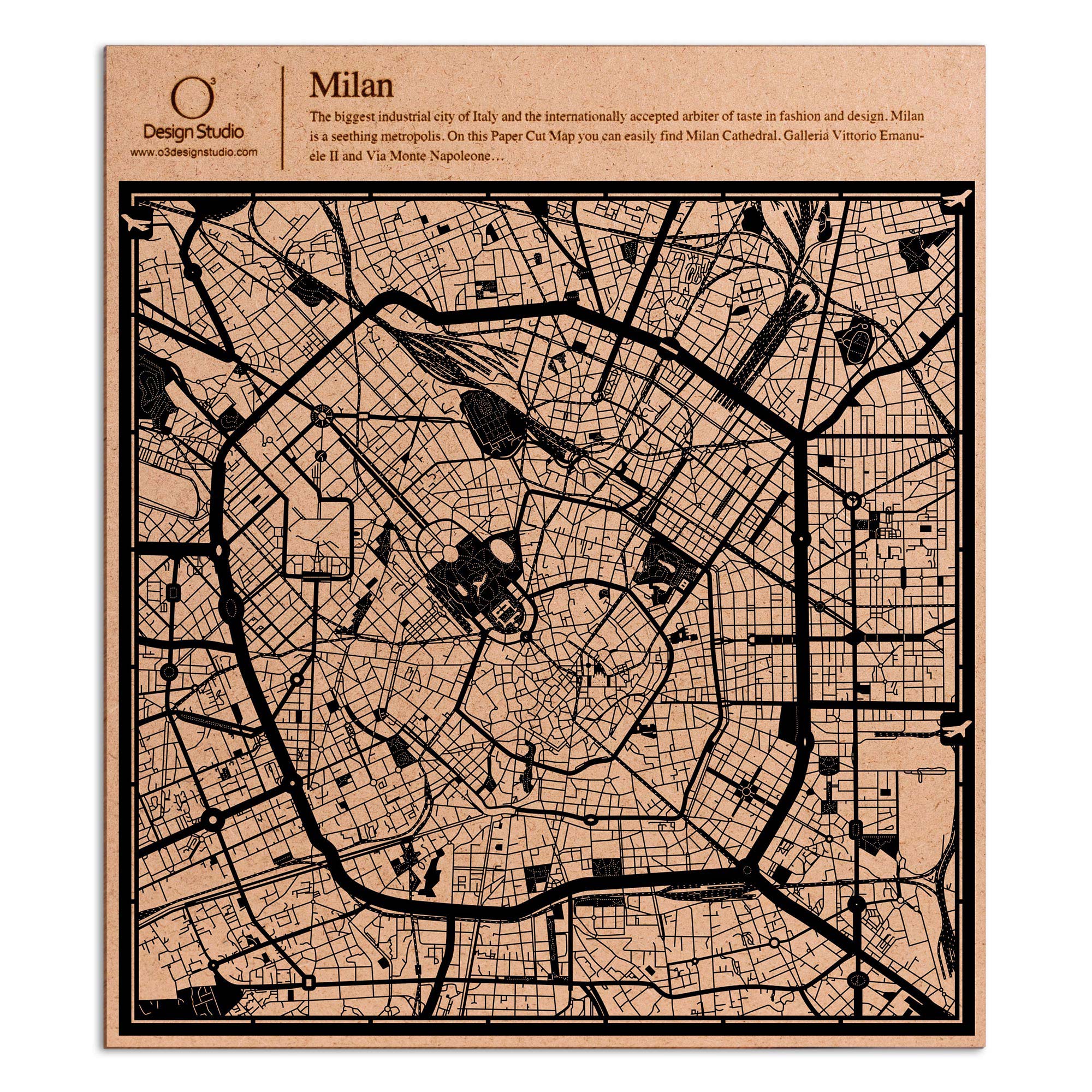 o3designstudio paper cut map Milan Black map art MU3009B