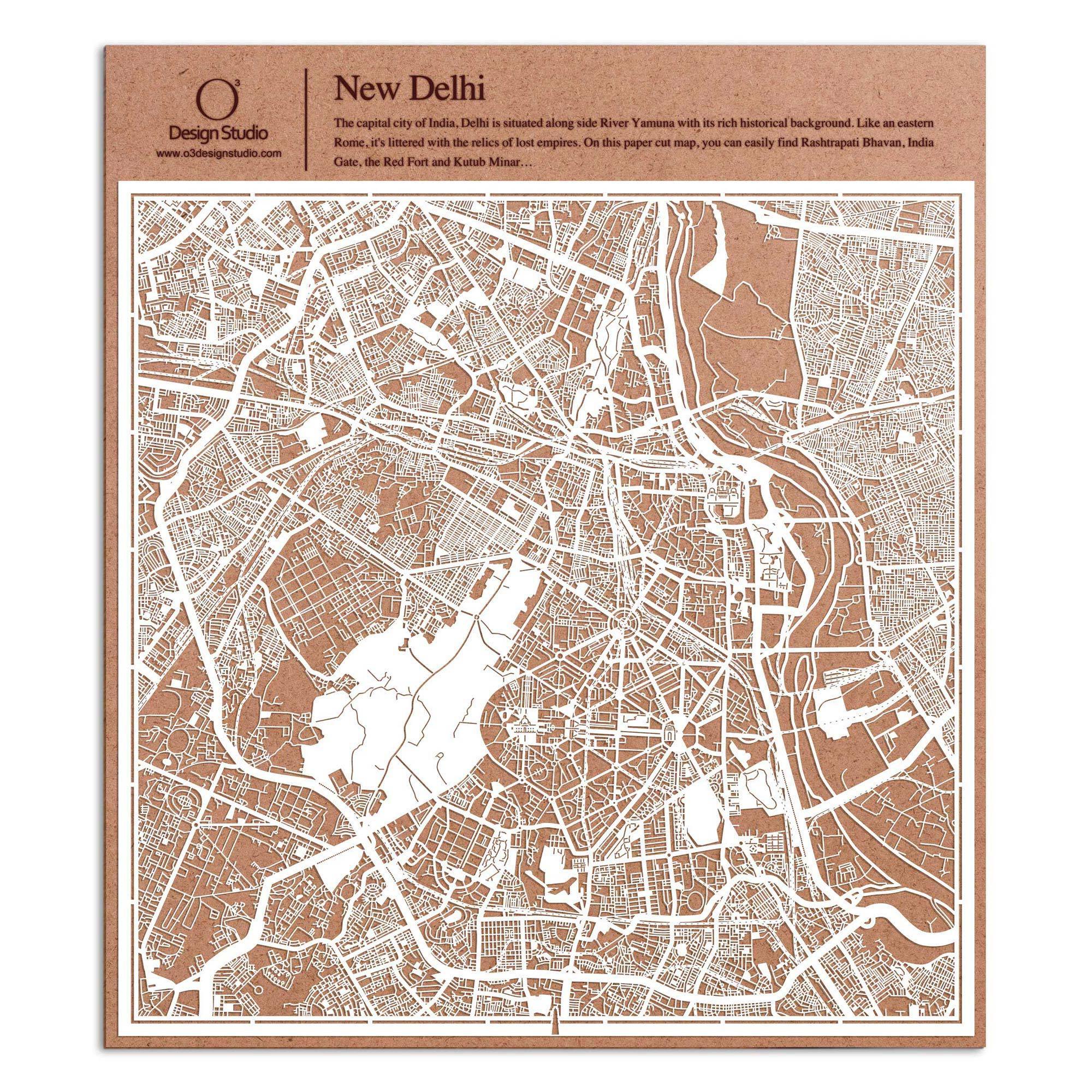 o3designstudio paper cut map New Delhi White map art MU1015W