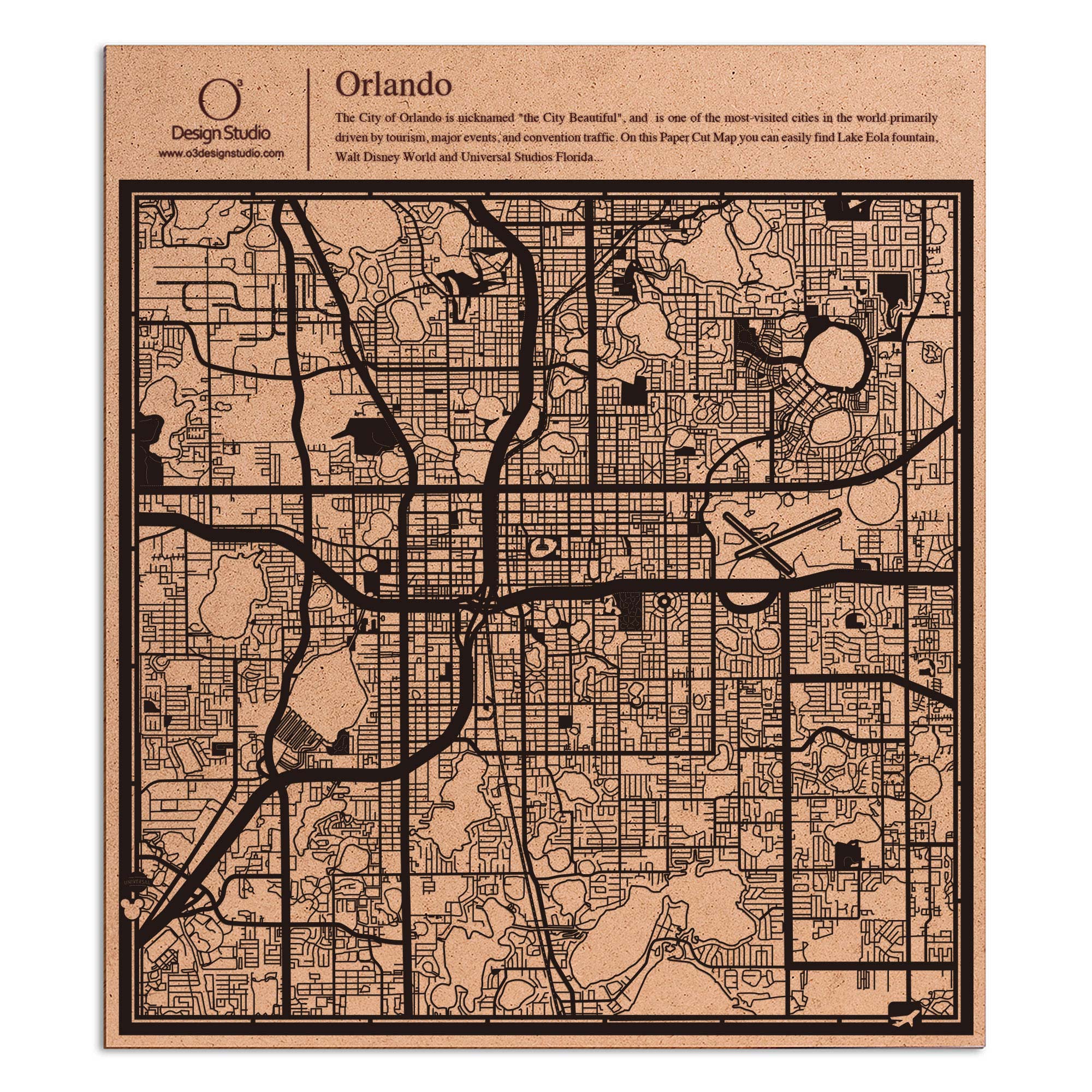 o3designstudio paper cut map OrlandoFL Black map art MU2050B