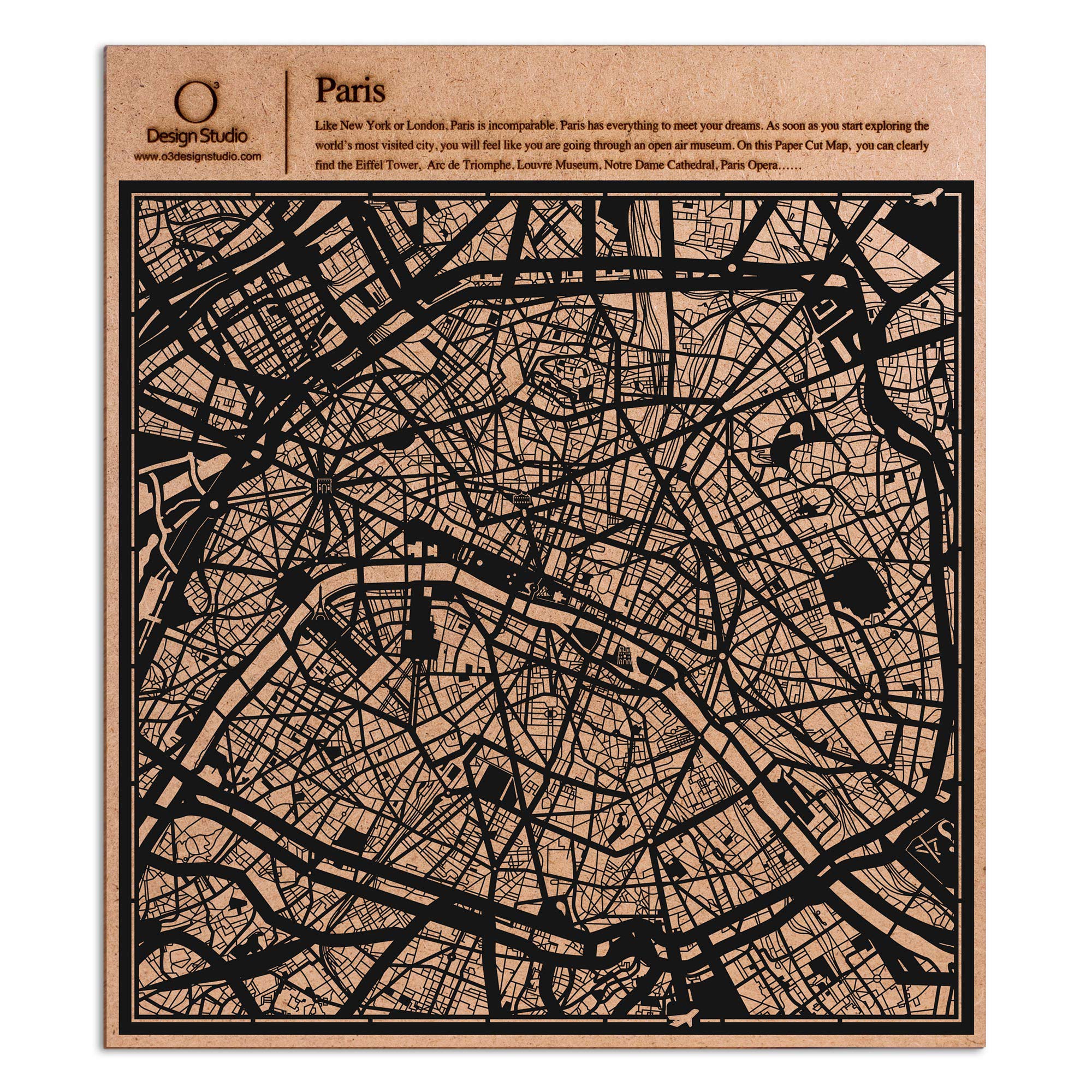 o3designstudio paper cut map Paris Black map art MU3002B