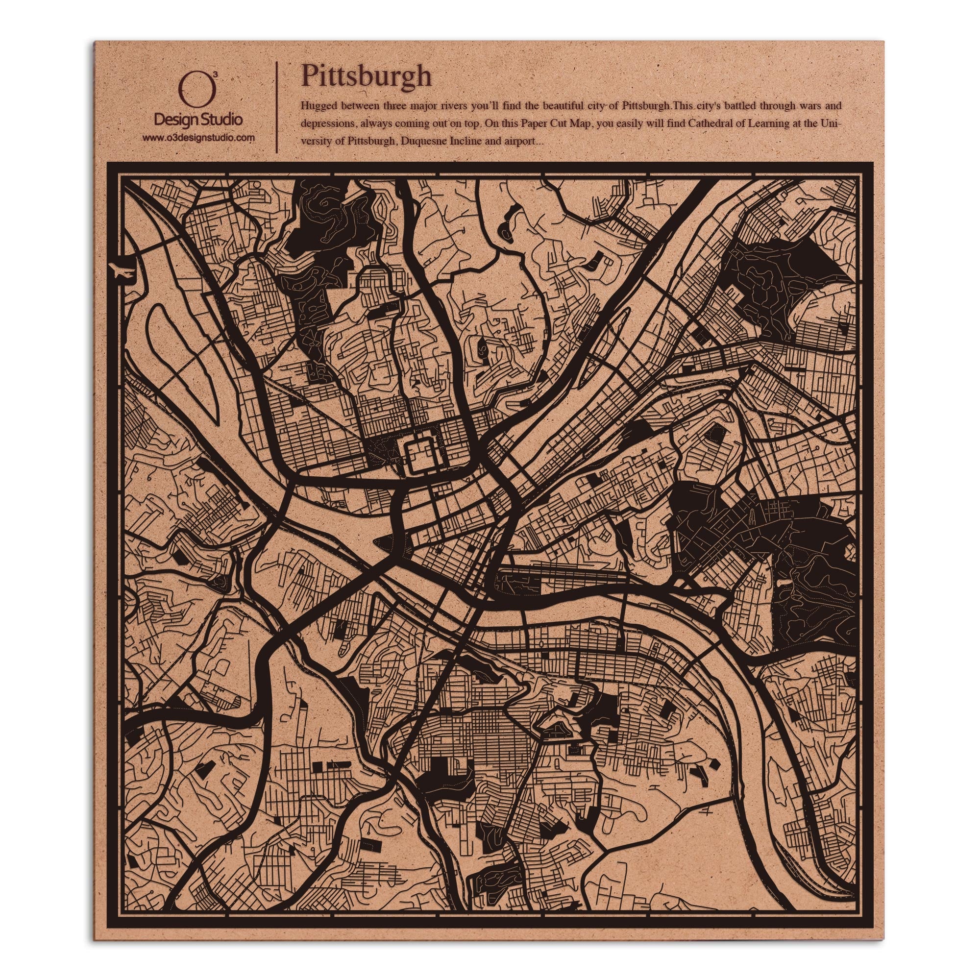 o3designstudio paper cut map Pittsburgh Black map art MU2028B