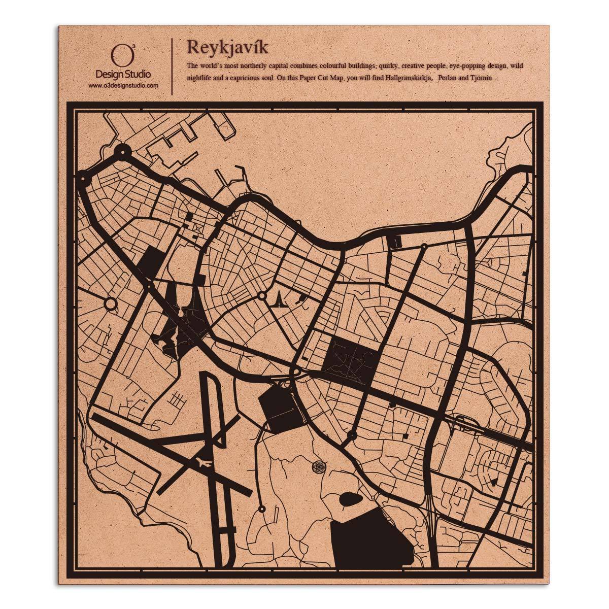 o3designstudio paper cut map Reykjavik Black map art MU3043B