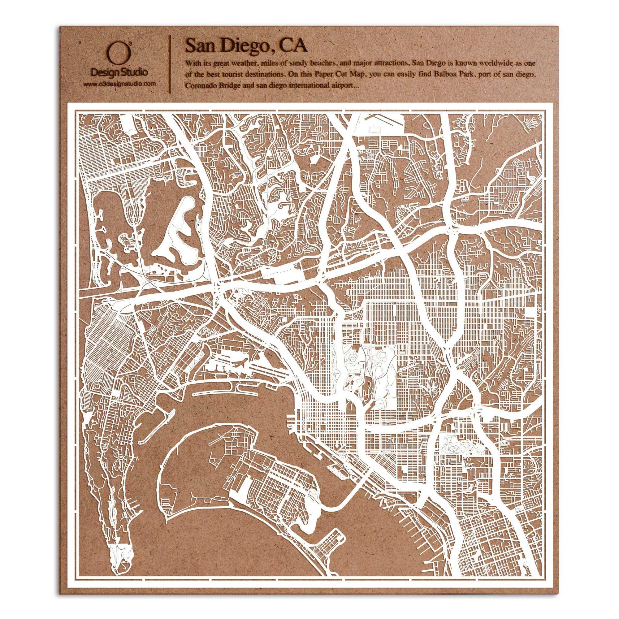 o3designstudio paper cut map San DiegoCA White map art MU2014W