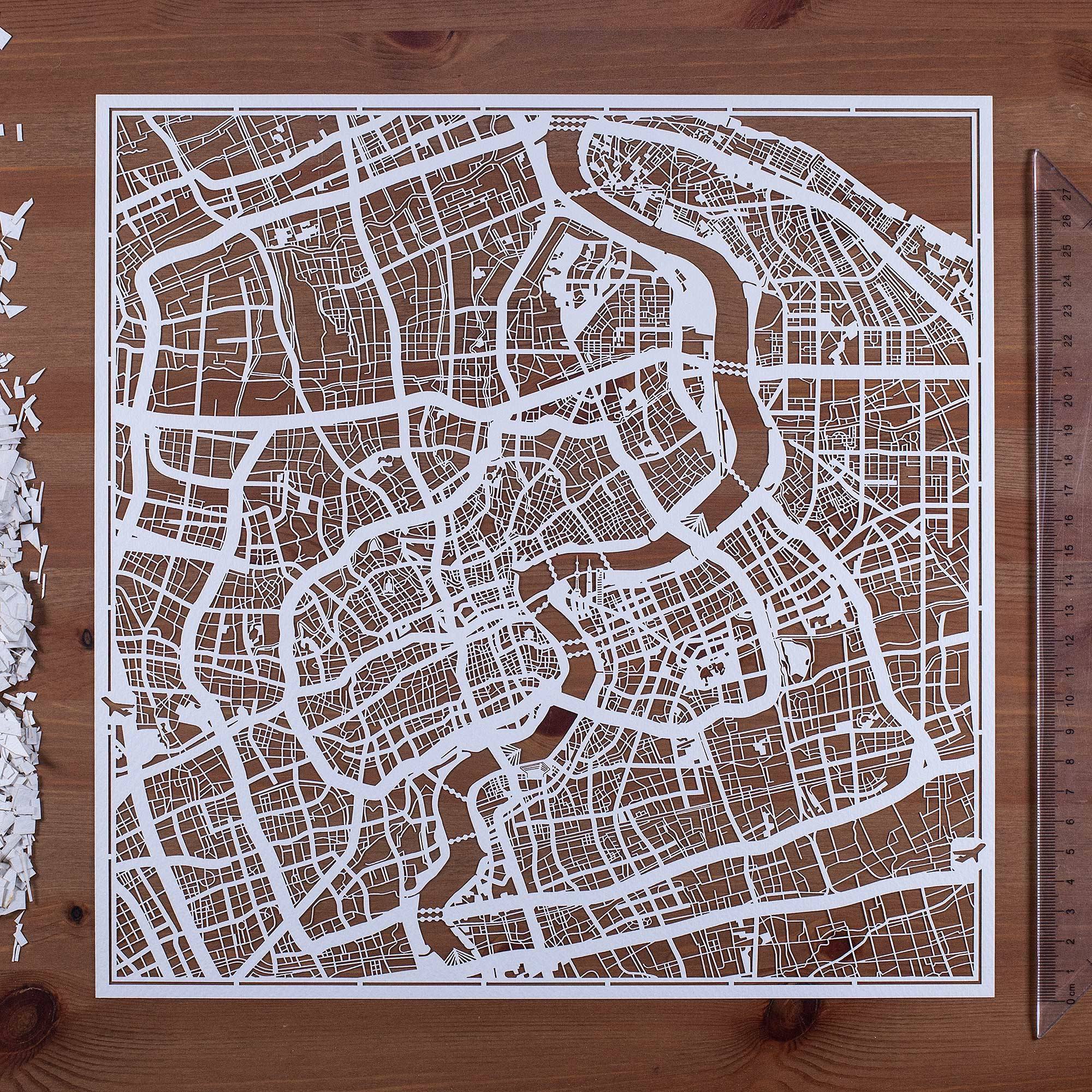 o3designstudio  paper cut map Shanghai 30*30cm map art white
