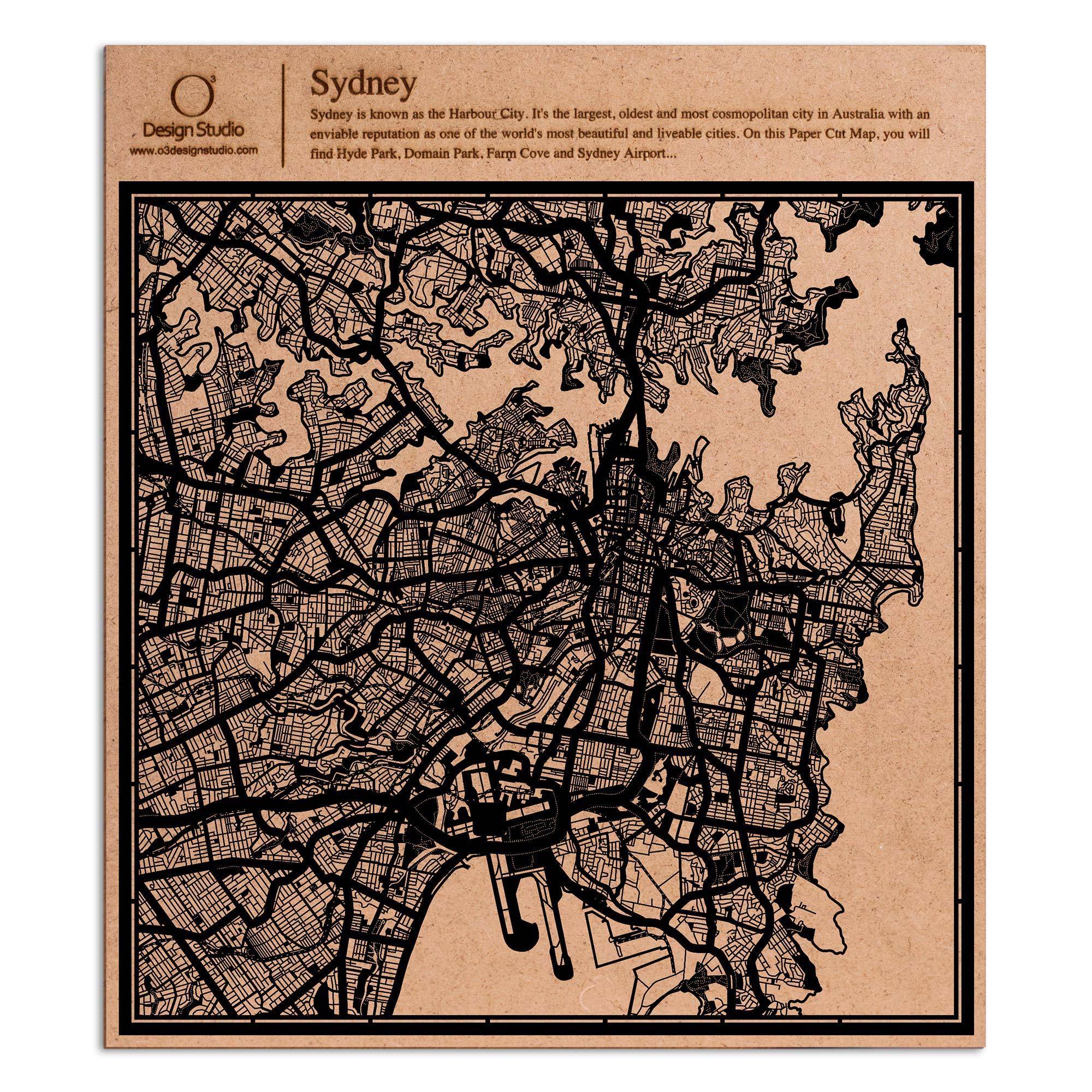 o3designstudio paper cut map Sydney Black map art MU1004B