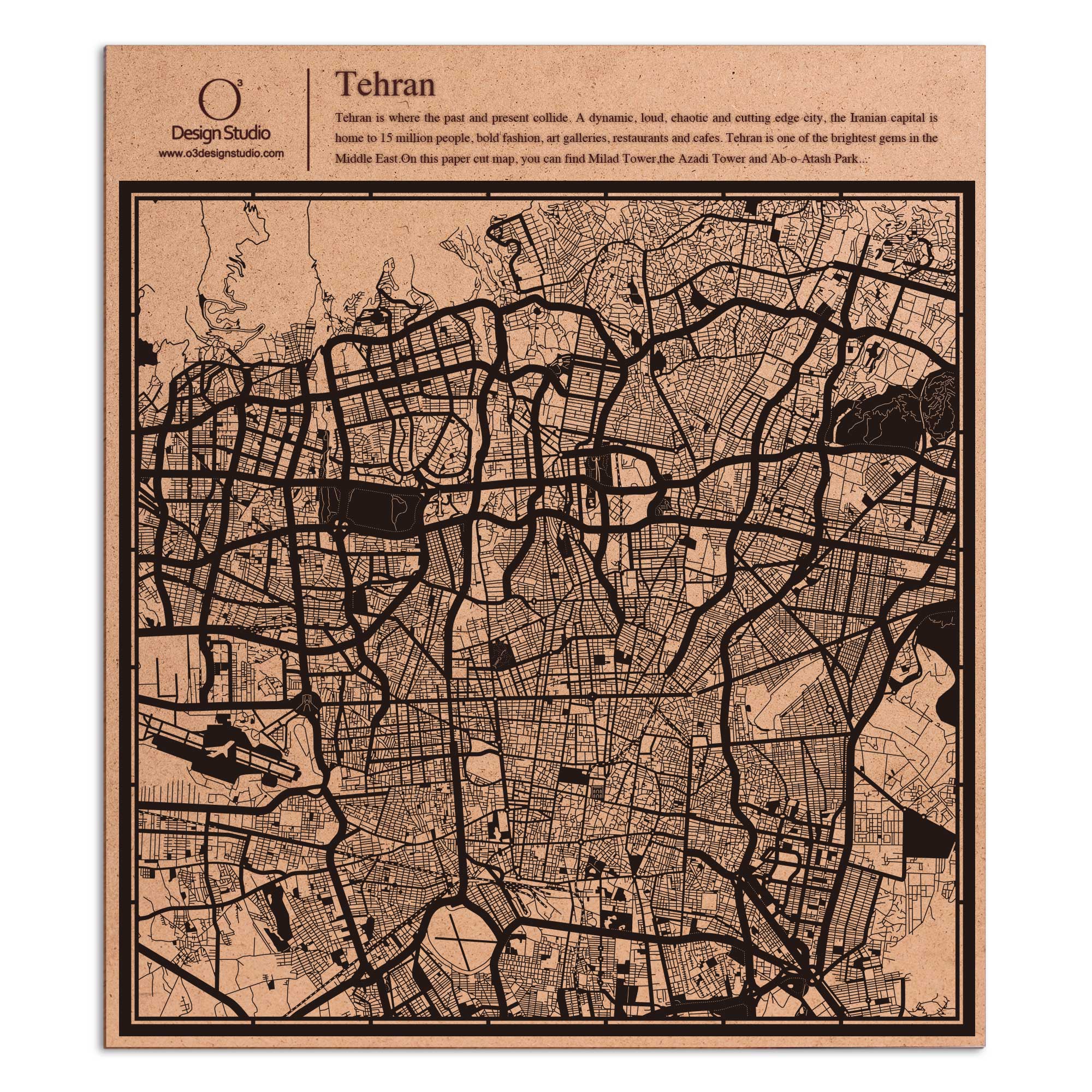 o3designstudio paper cut map Tehran Black map art MU1023B