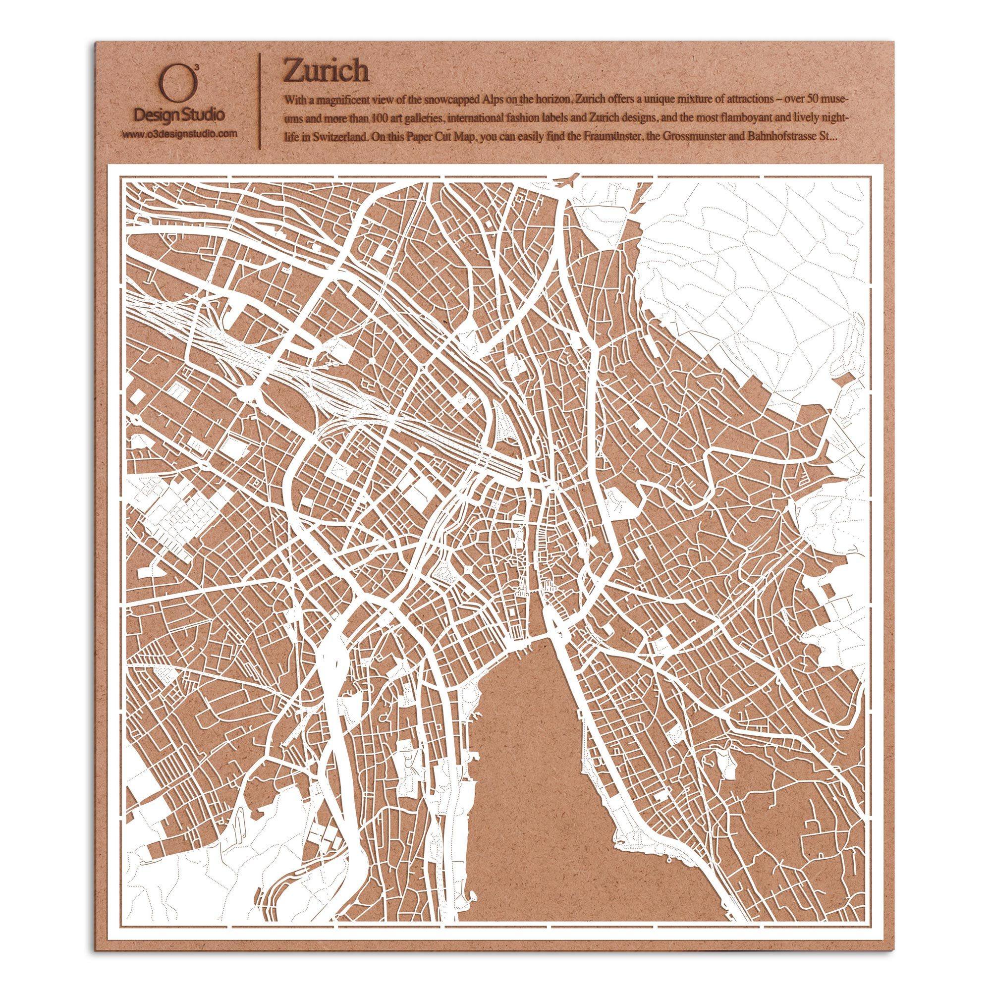 o3designstudio paper cut map Zurich White map art MU3020W